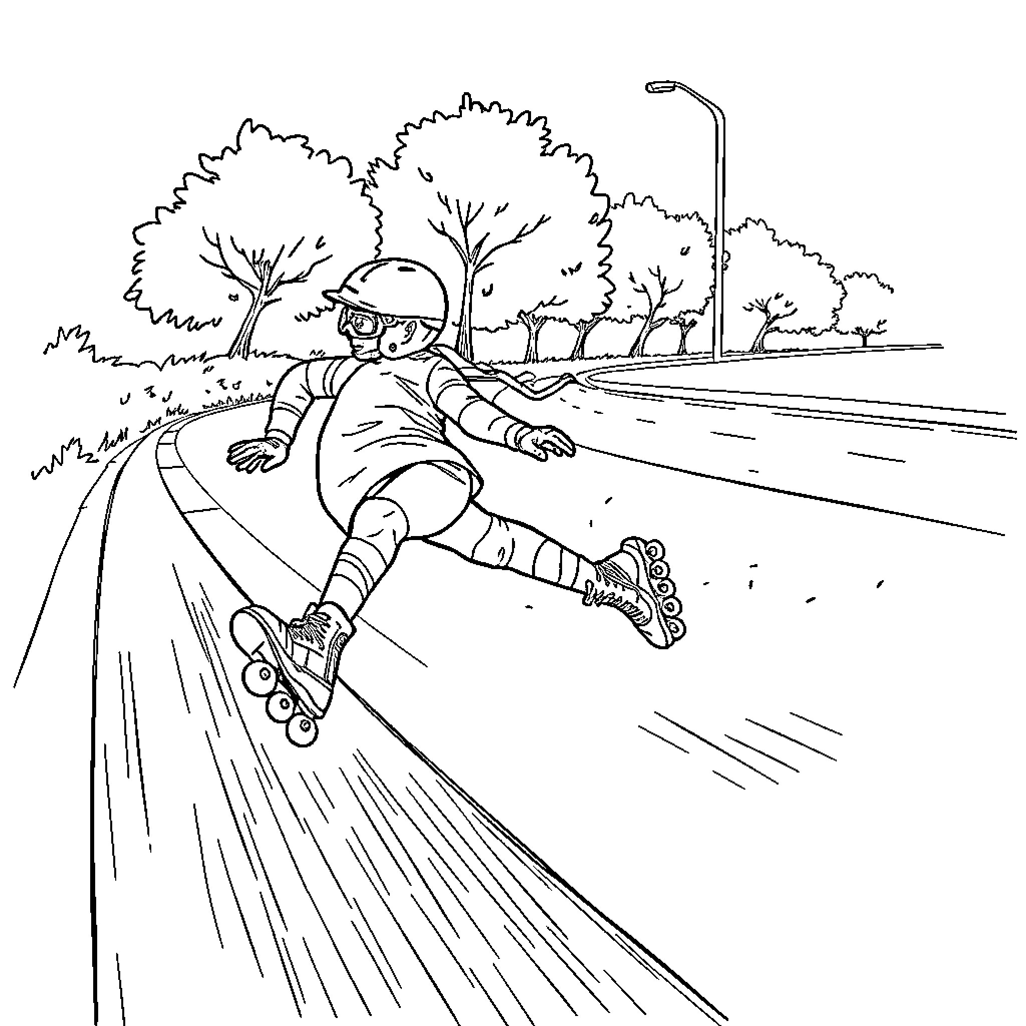 Human riding on rollerblades along a trail Coloring Page (free black-and-white line drawing printable PDF for all, from beginners to advanced learners, including children, teens, adults, and seniors)