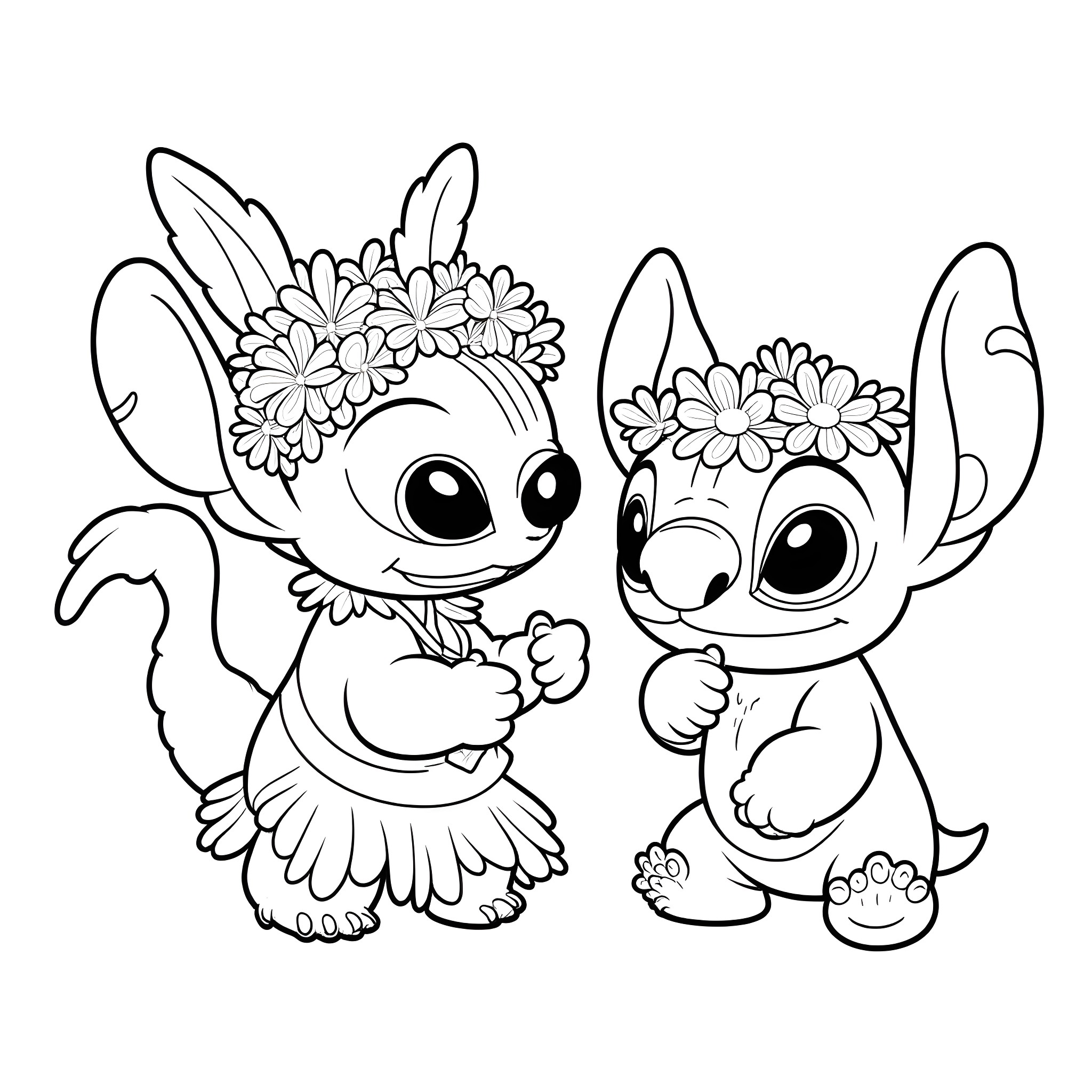Lilo and Stitch playing with floral crowns Coloring Page (free black-and-white line drawing printable PDF for all, from beginners to advanced learners, including children, teens, adults, and seniors)