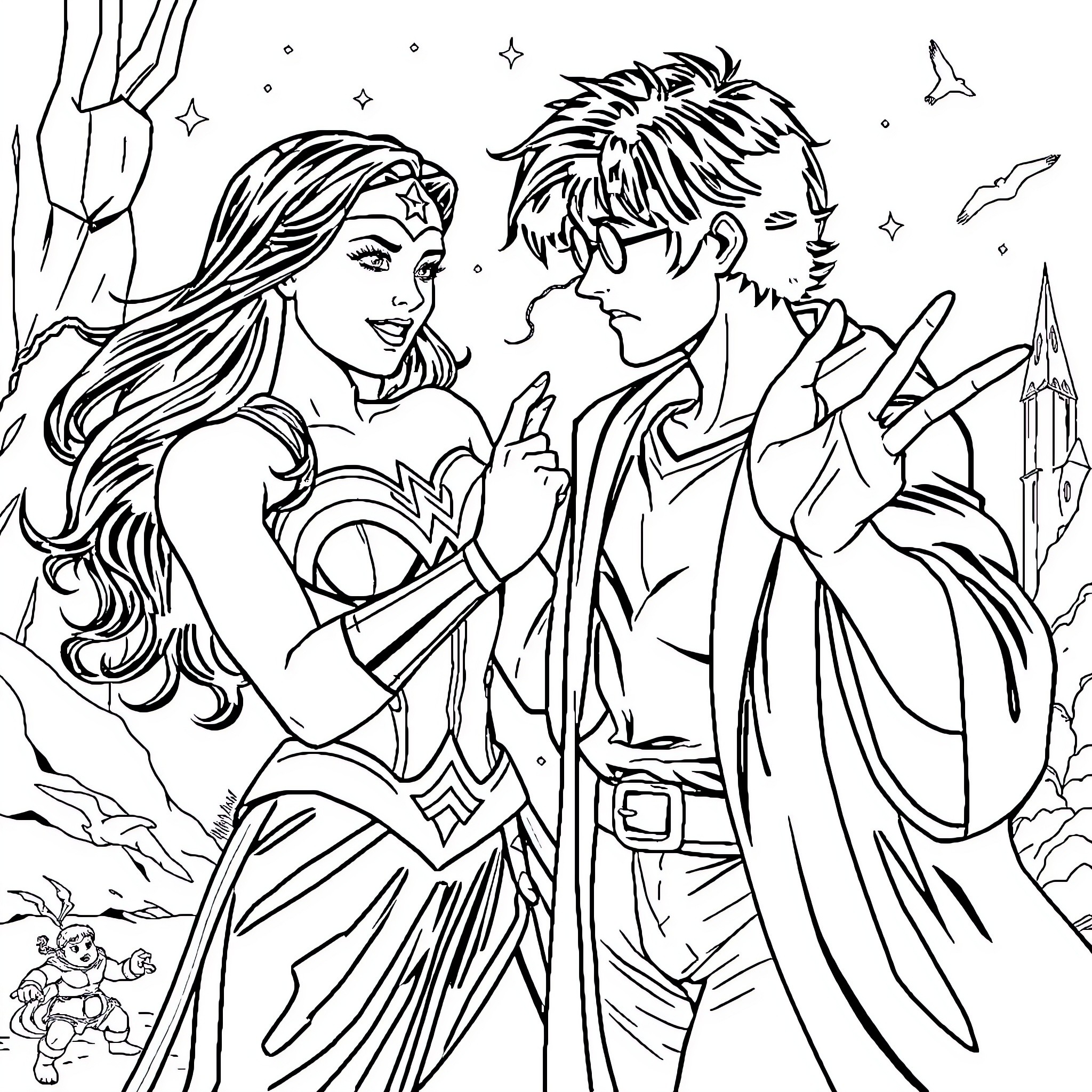 Wonder Woman and Man in Heroic Embrace Coloring Page (free black-and-white line drawing printable PDF for all, from beginners to advanced learners, including children, teens, adults, and seniors)