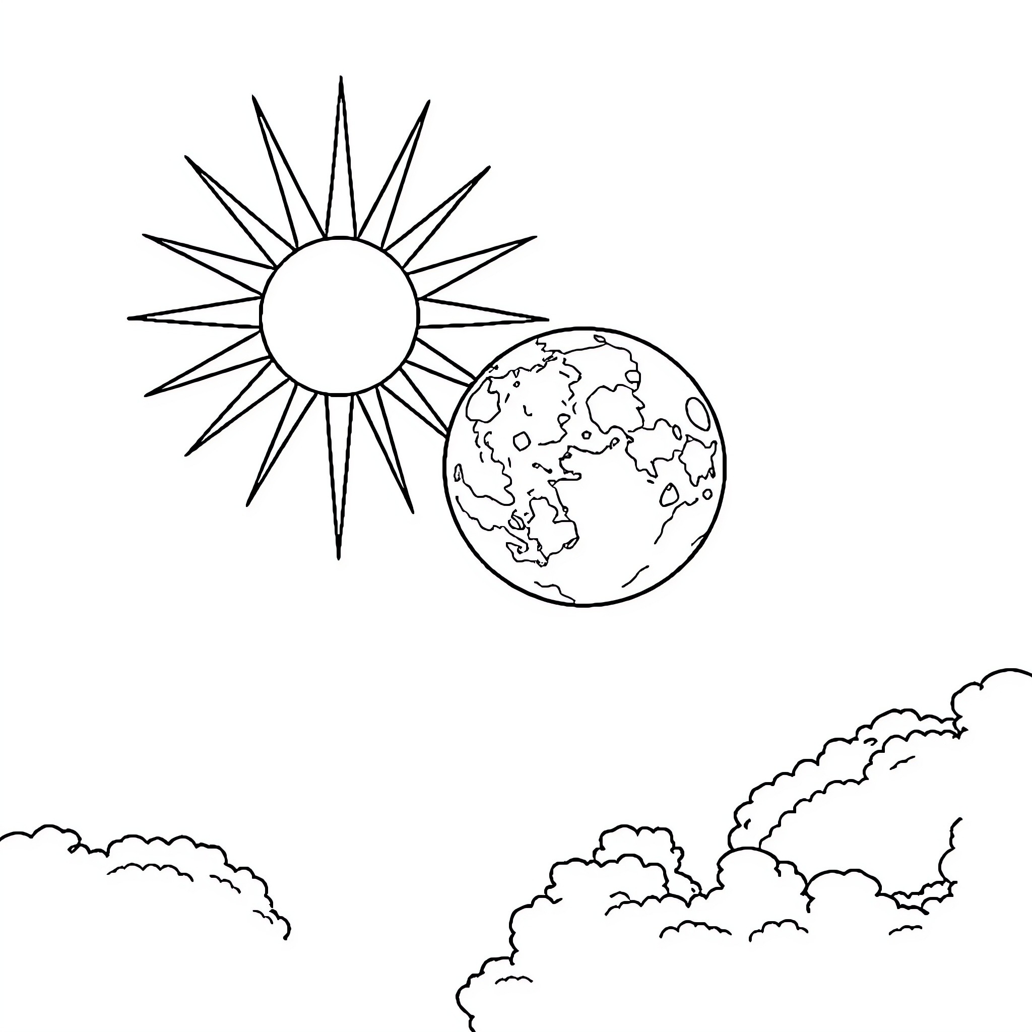 Sun Moon Earth and Clouds Coloring Page (free black-and-white line drawing printable PDF for all, from beginners to advanced learners, including children, teens, adults, and seniors)