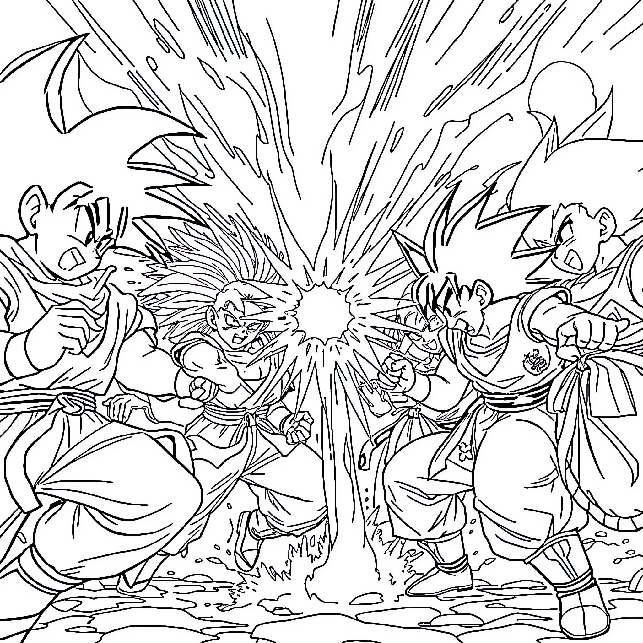 Dragon Ball Z Intense Battle Scenes Coloring Page (free black-and-white line drawing printable PDF for all, from beginners to advanced learners, including children, teens, adults, and seniors)