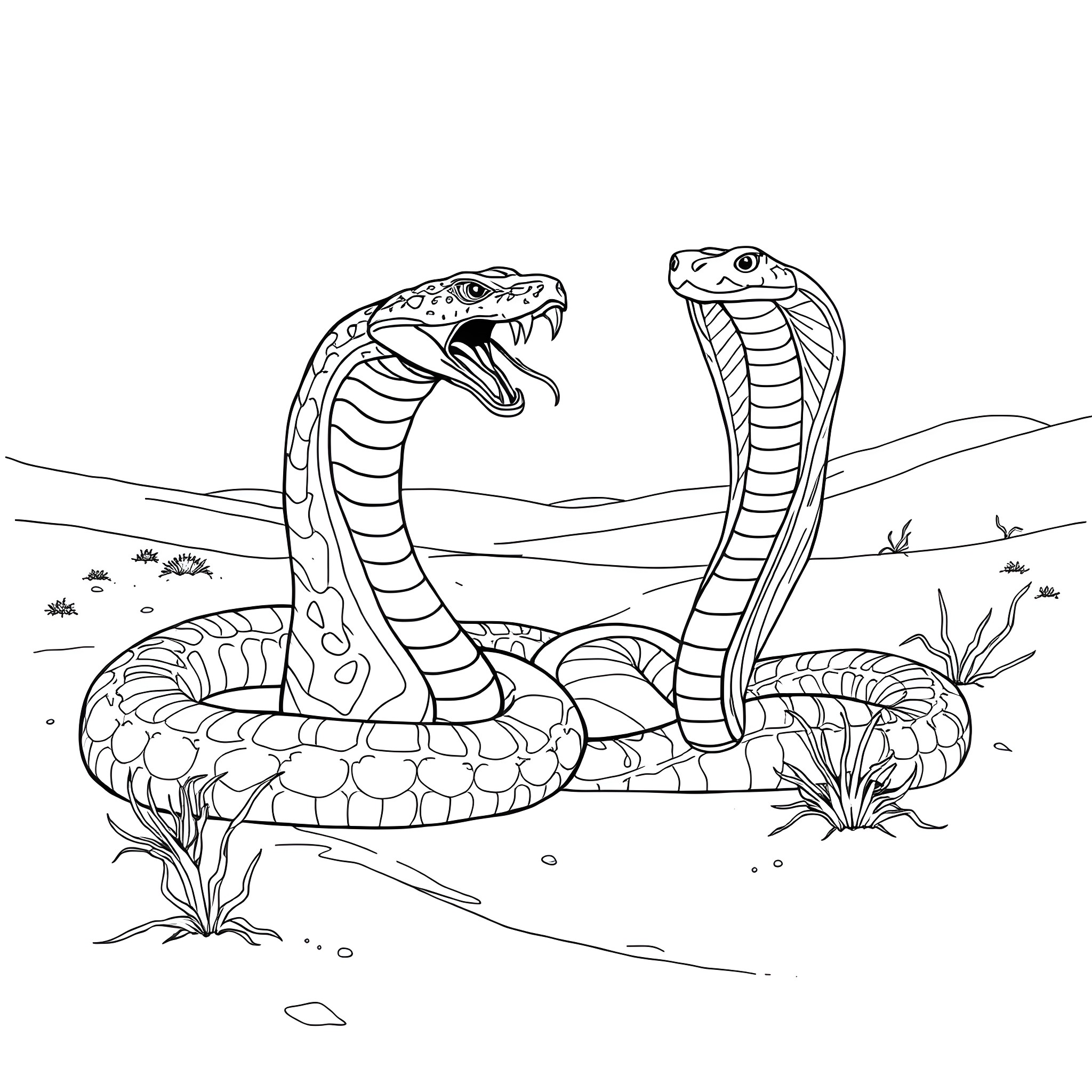 Snakes coiled and poised in desert landscape Coloring Page (free black-and-white line drawing printable PDF for all, from beginners to advanced learners, including children, teens, adults, and seniors)