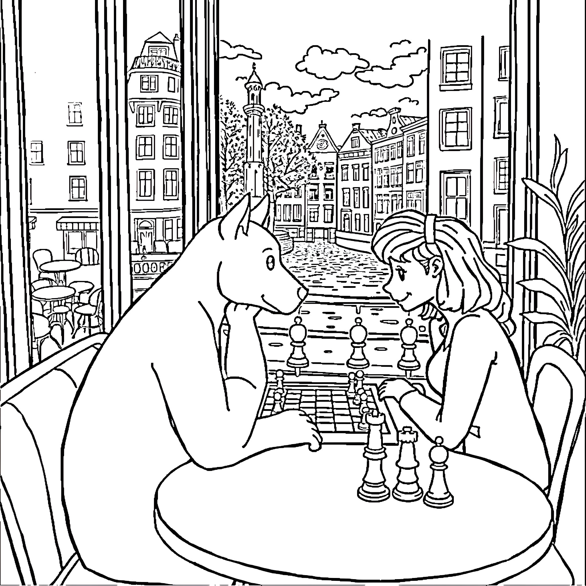 Bluey playing chess with her companion in the city Coloring Page (free black-and-white line drawing printable PDF for all, from beginners to advanced learners, including children, teens, adults, and seniors)