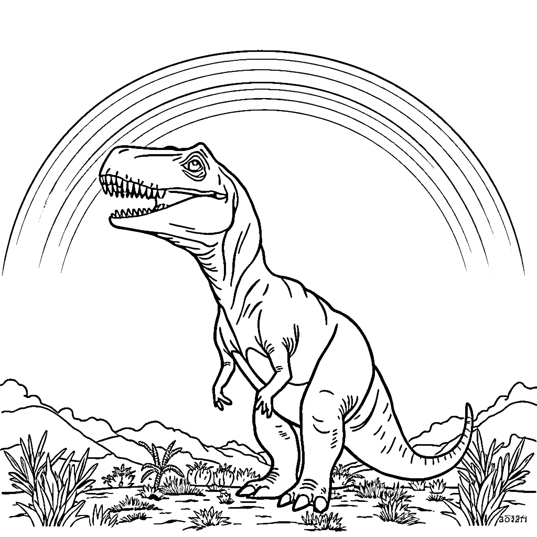 T-Rex roaring amidst lush landscape Coloring Page (free black-and-white line drawing printable PDF for all, from beginners to advanced learners, including children, teens, adults, and seniors)