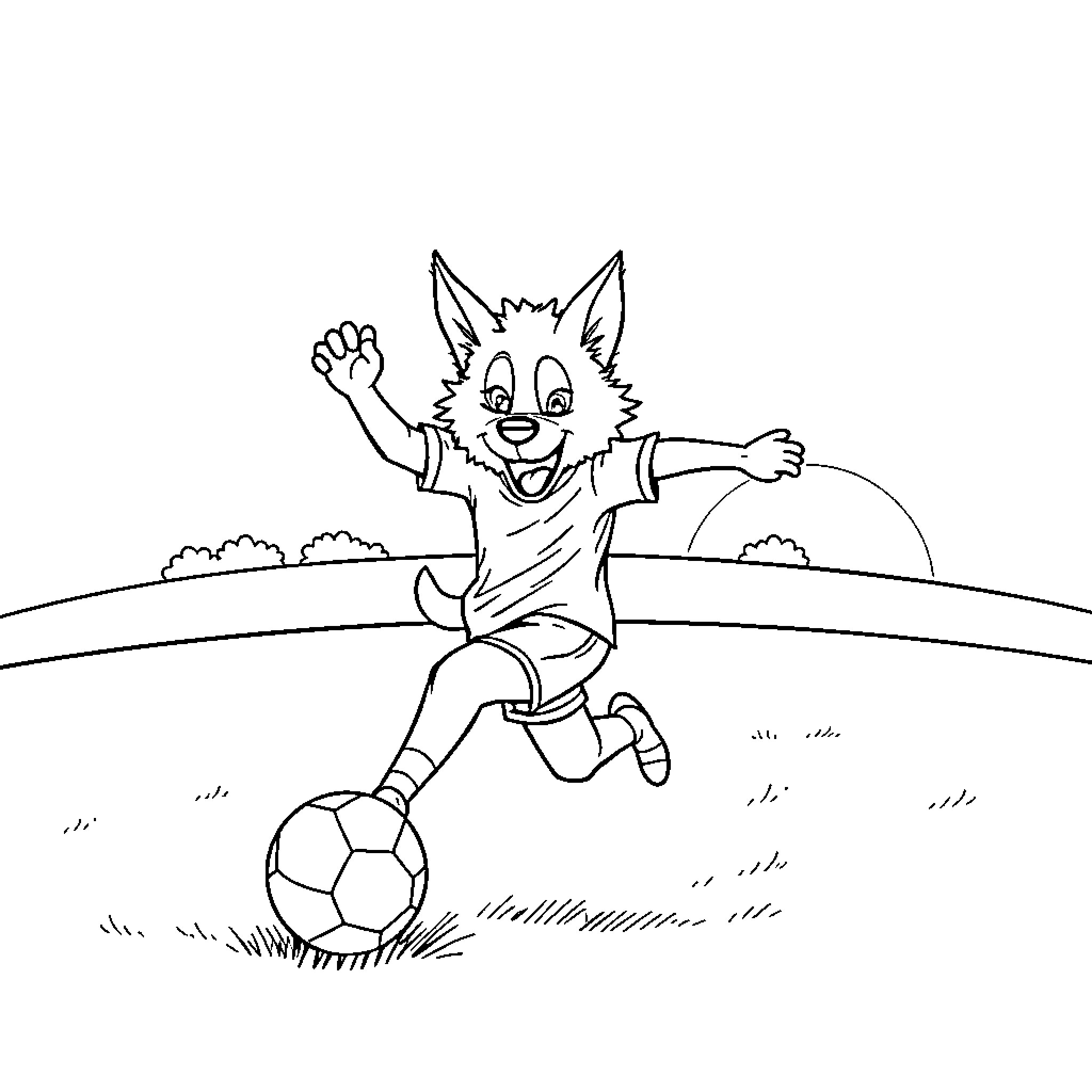 Huntrix playing joyfully with soccer ball in field Coloring Page (free black-and-white line drawing printable PDF for all, from beginners to advanced learners, including children, teens, adults, and seniors)