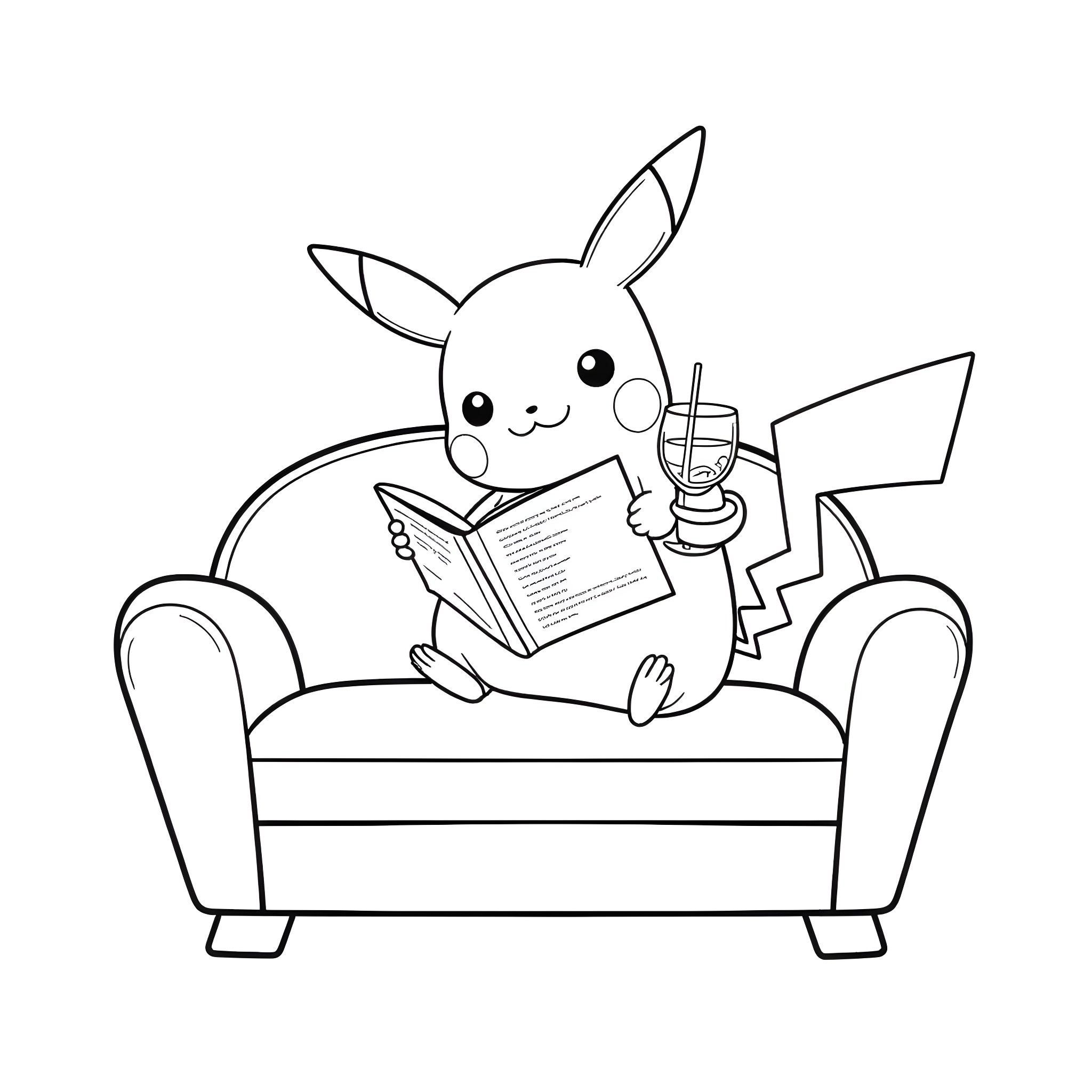 Pikachu reading a book on the couch Coloring Page (free black-and-white line drawing printable PDF for all, from beginners to advanced learners, including children, teens, adults, and seniors)