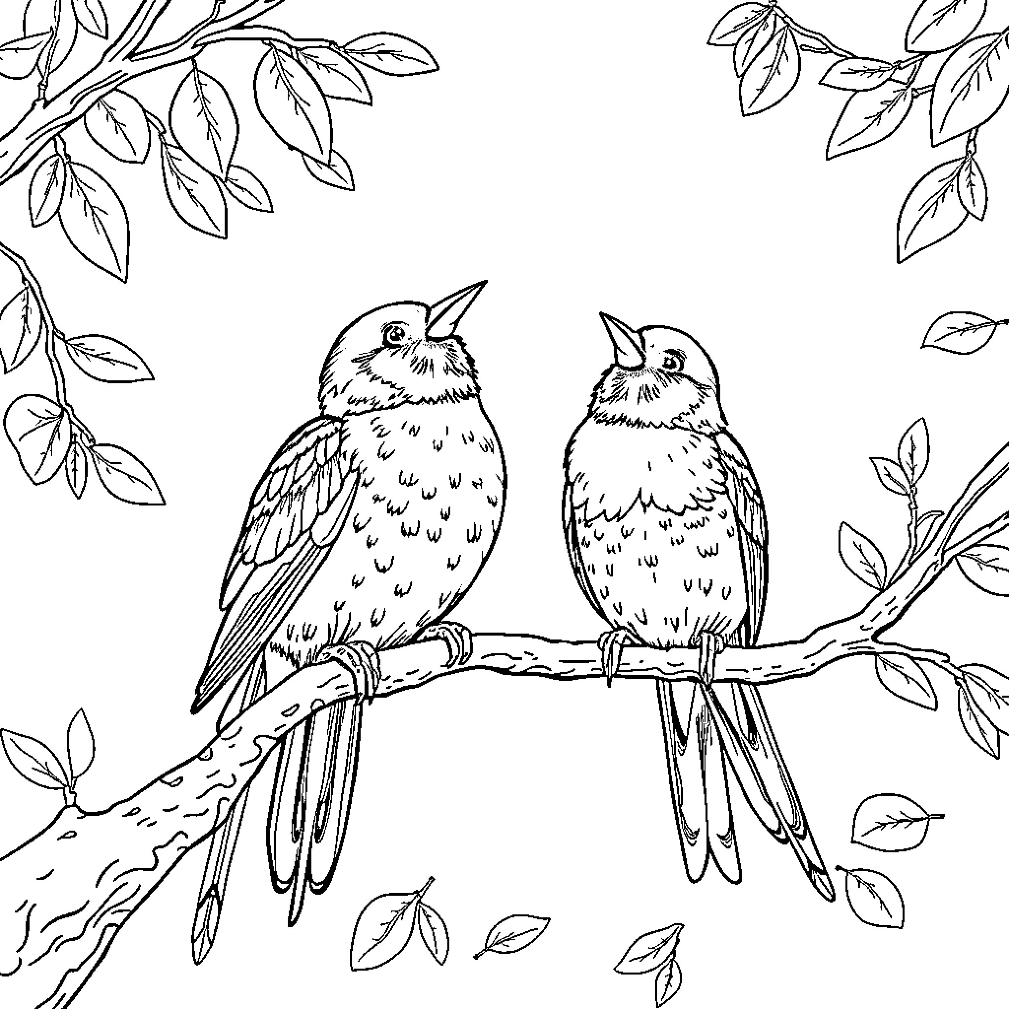 Bird Pair Perched on Branch in Nature Coloring Page (free black-and-white line drawing printable PDF for all, from beginners to advanced learners, including children, teens, adults, and seniors)