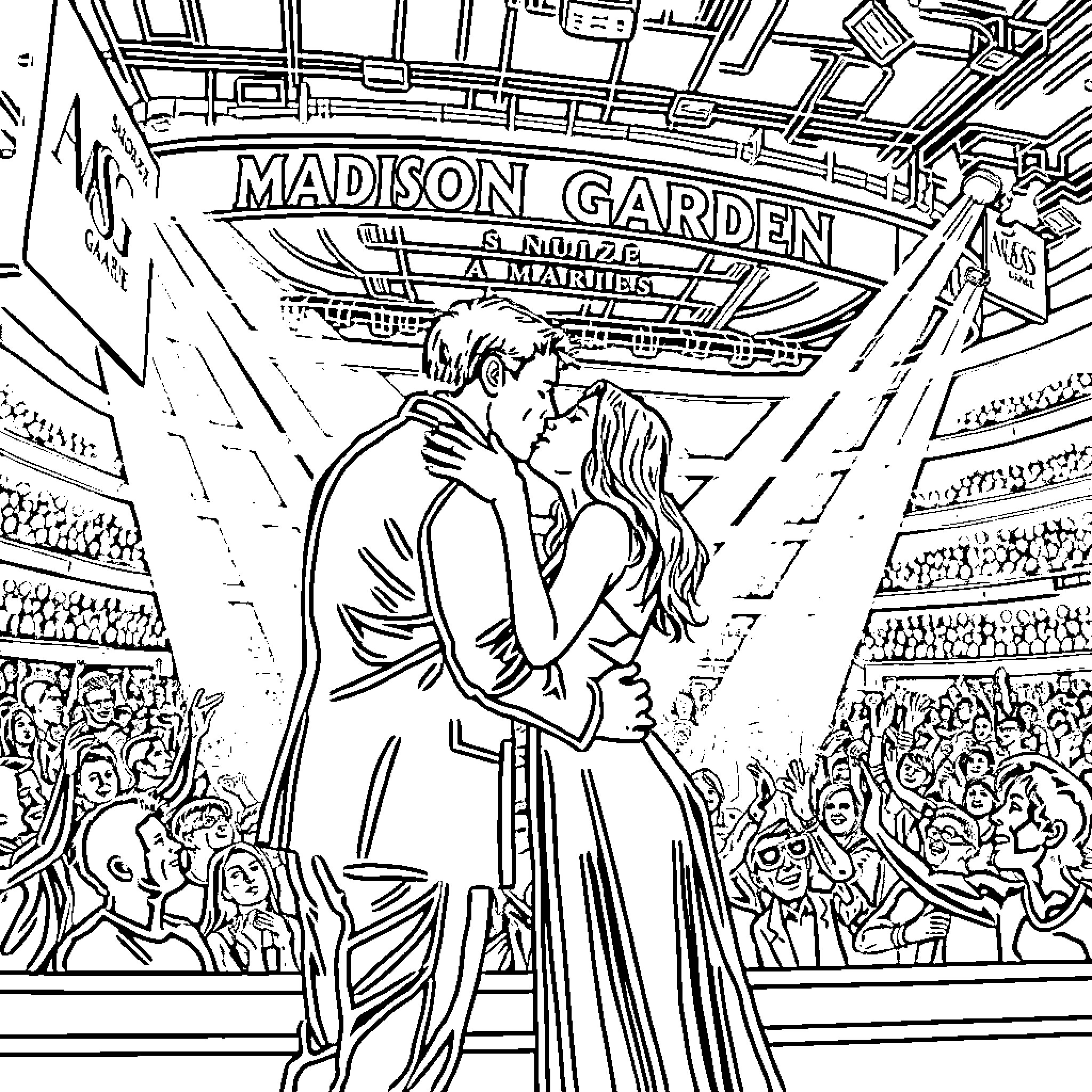 Kiss at Madison Garden Arena Coloring Page (free black-and-white line drawing printable PDF for all, from beginners to advanced learners, including children, teens, adults, and seniors)