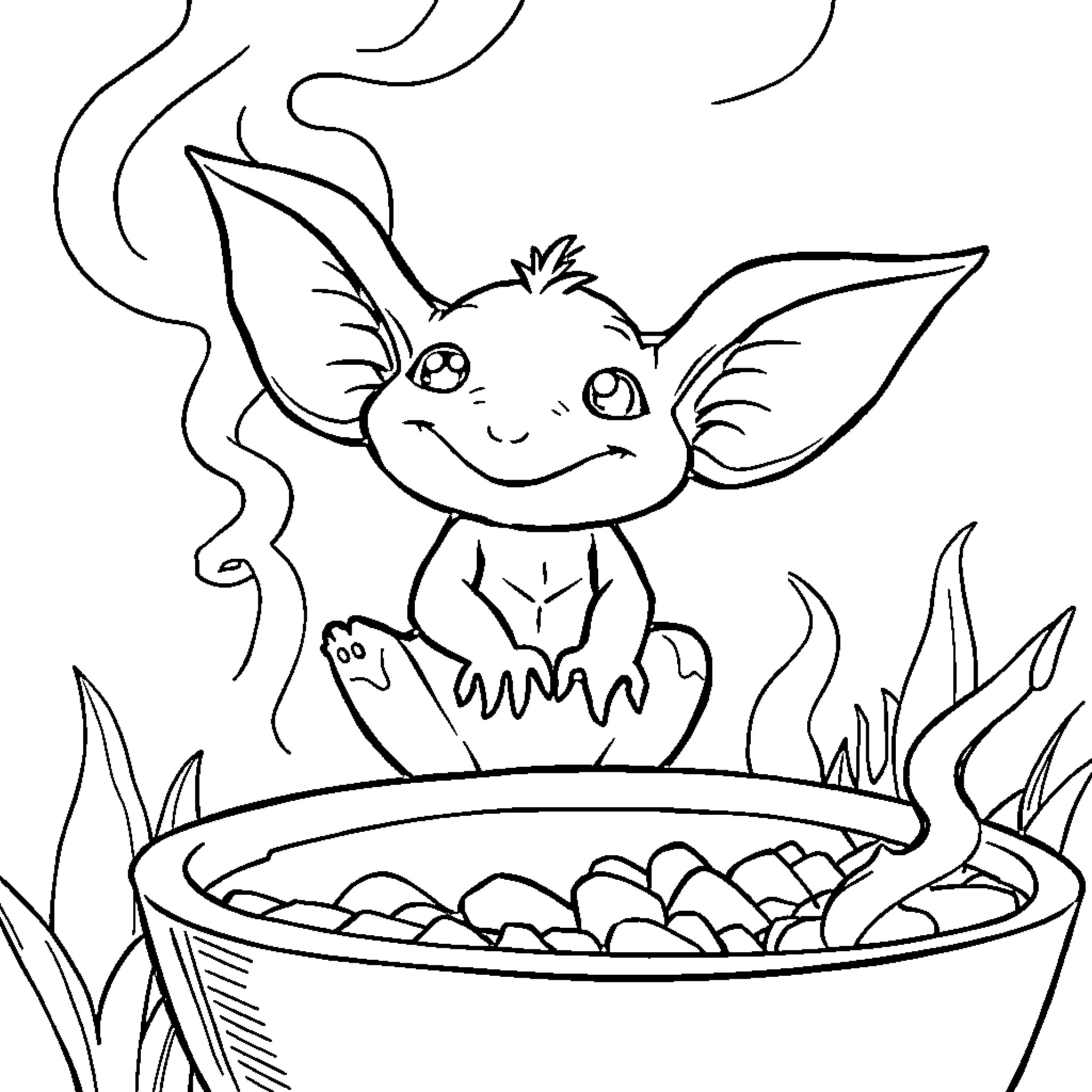 Grogu enjoying a tasty stew in the forest Coloring Page (free black-and-white line drawing printable PDF for all, from beginners to advanced learners, including children, teens, adults, and seniors)
