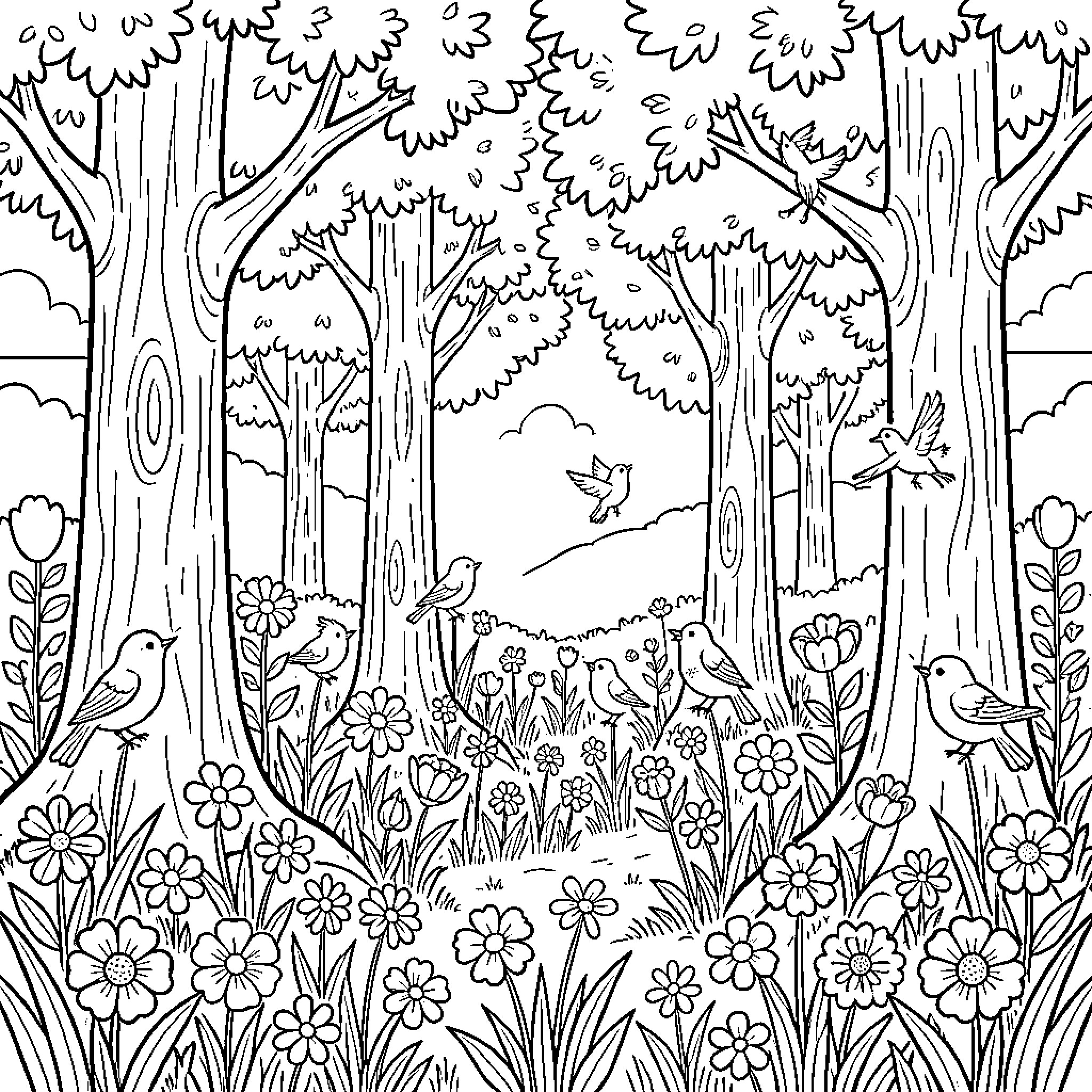 Nature's Enchanting Forest Sanctuary Coloring Page (free black-and-white line drawing printable PDF for all, from beginners to advanced learners, including children, teens, adults, and seniors)