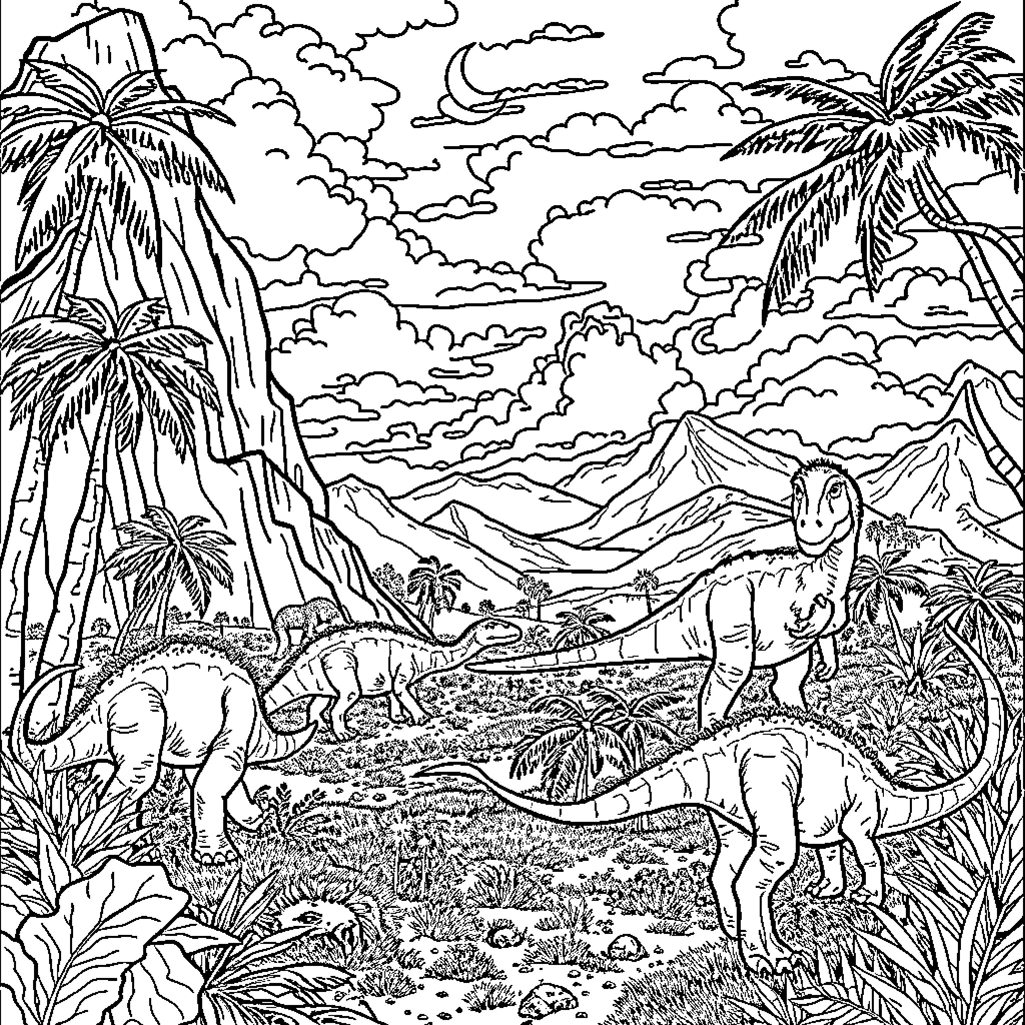 Land Before Time: Prehistoric Creatures in a Lush Landscape Coloring Page (free black-and-white line drawing printable PDF for all, from beginners to advanced learners, including children, teens, adults, and seniors)