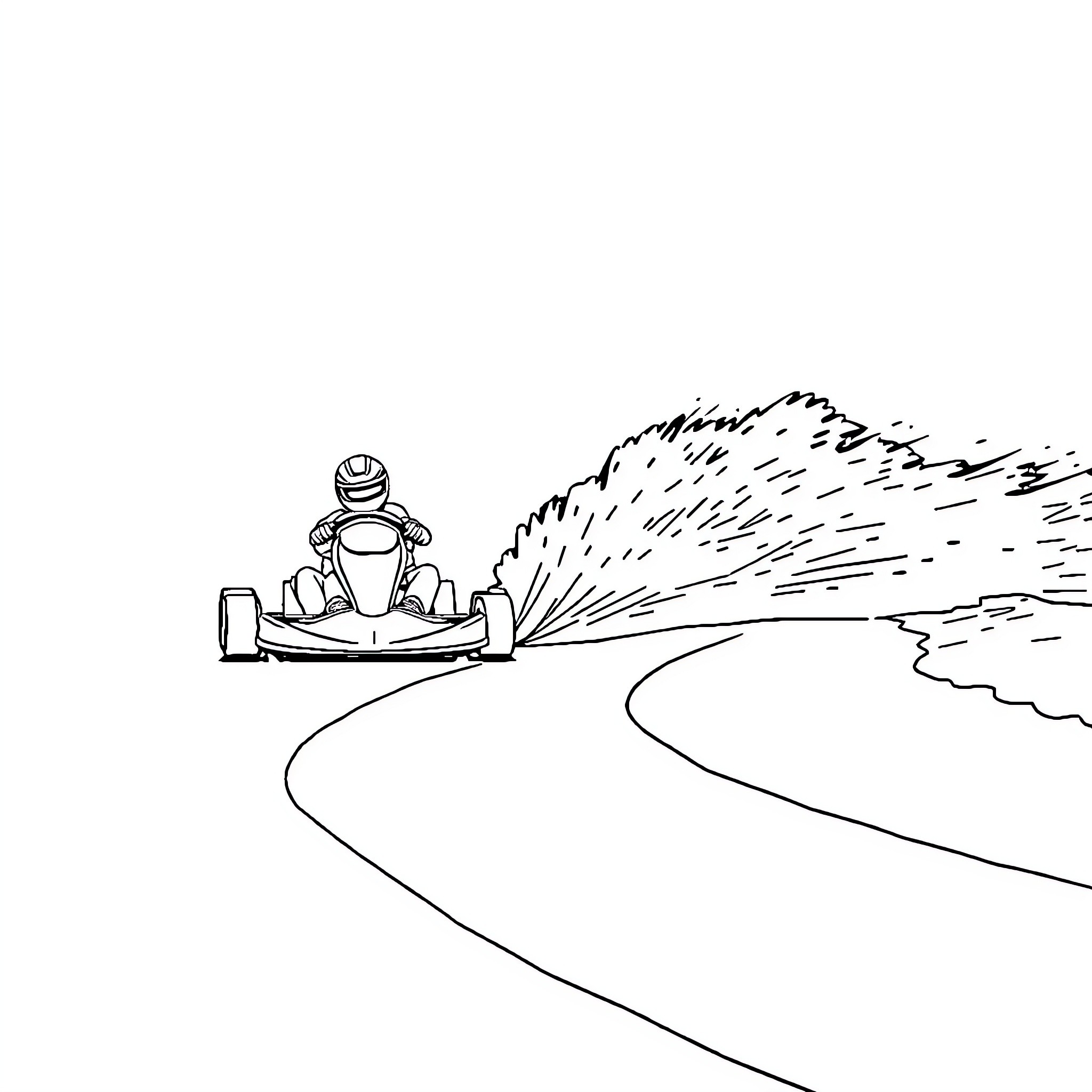 Kart speeding along a winding track Coloring Page (free black-and-white line drawing printable PDF for all, from beginners to advanced learners, including children, teens, adults, and seniors)