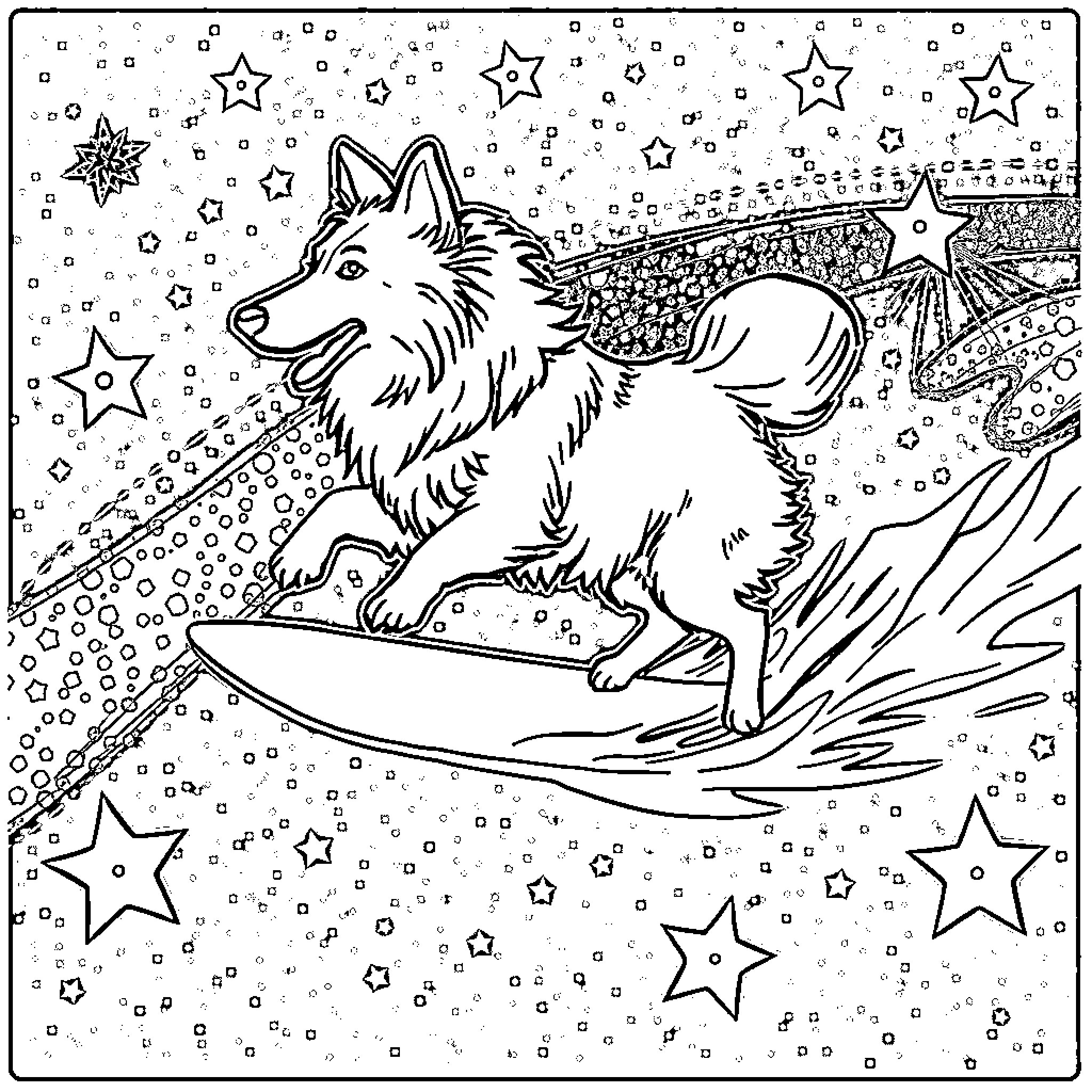 Collie Running Through the Starry Sky Coloring Page (free black-and-white line drawing printable PDF for all, from beginners to advanced learners, including children, teens, adults, and seniors)
