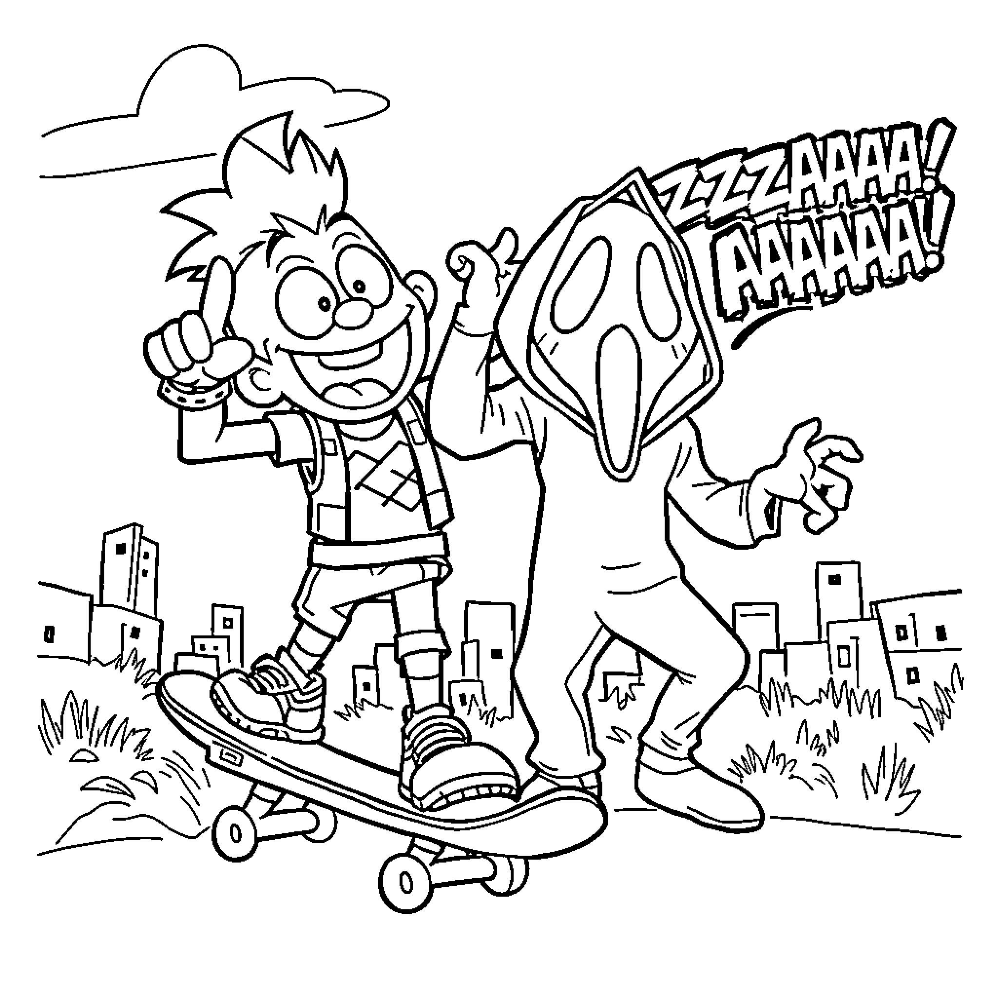 Otto Rocket skateboarding with a friend in the city Coloring Page (free black-and-white line drawing printable PDF for all, from beginners to advanced learners, including children, teens, adults, and seniors)