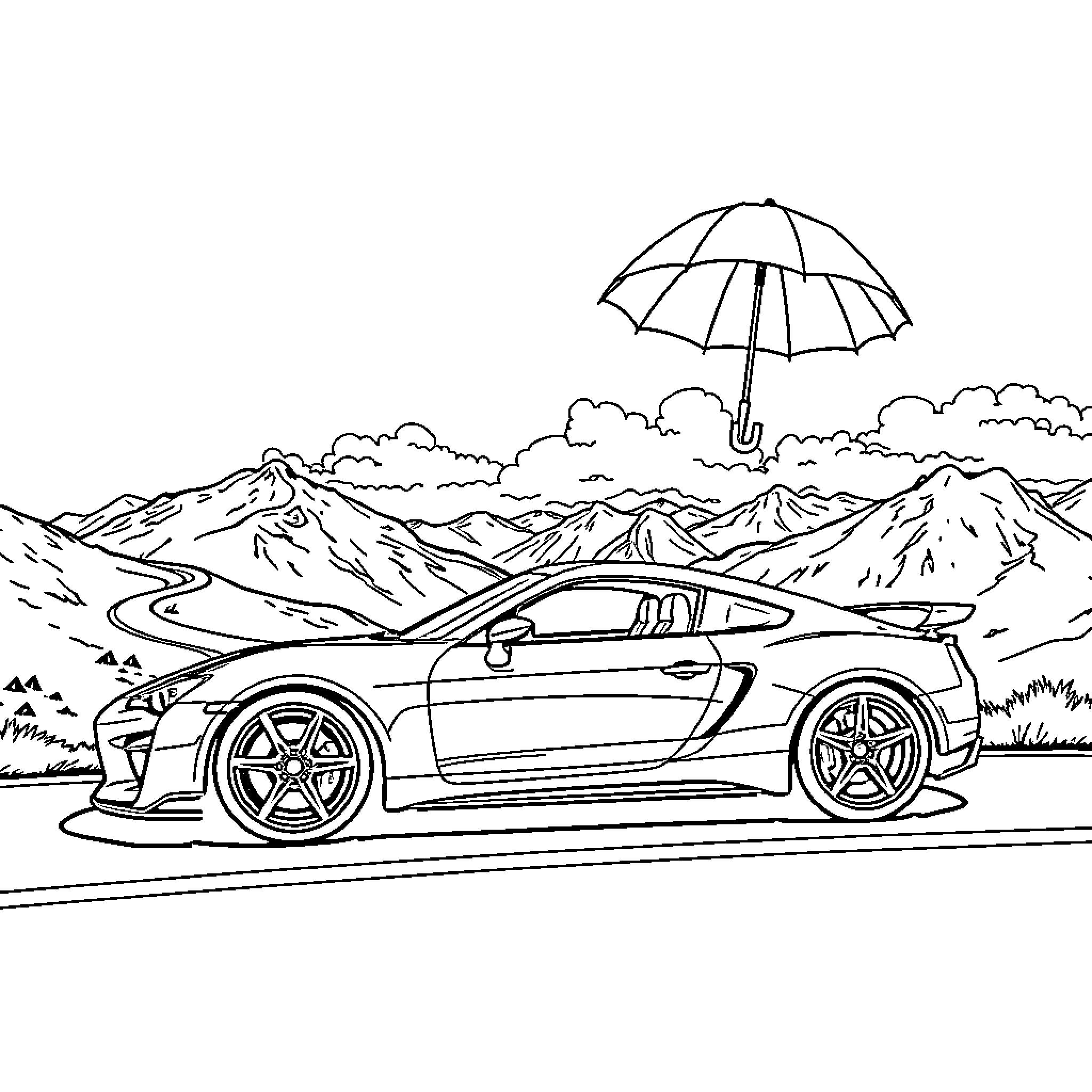 Sportscar driving through mountain landscape Coloring Page (free black-and-white line drawing printable PDF for all, from beginners to advanced learners, including children, teens, adults, and seniors)