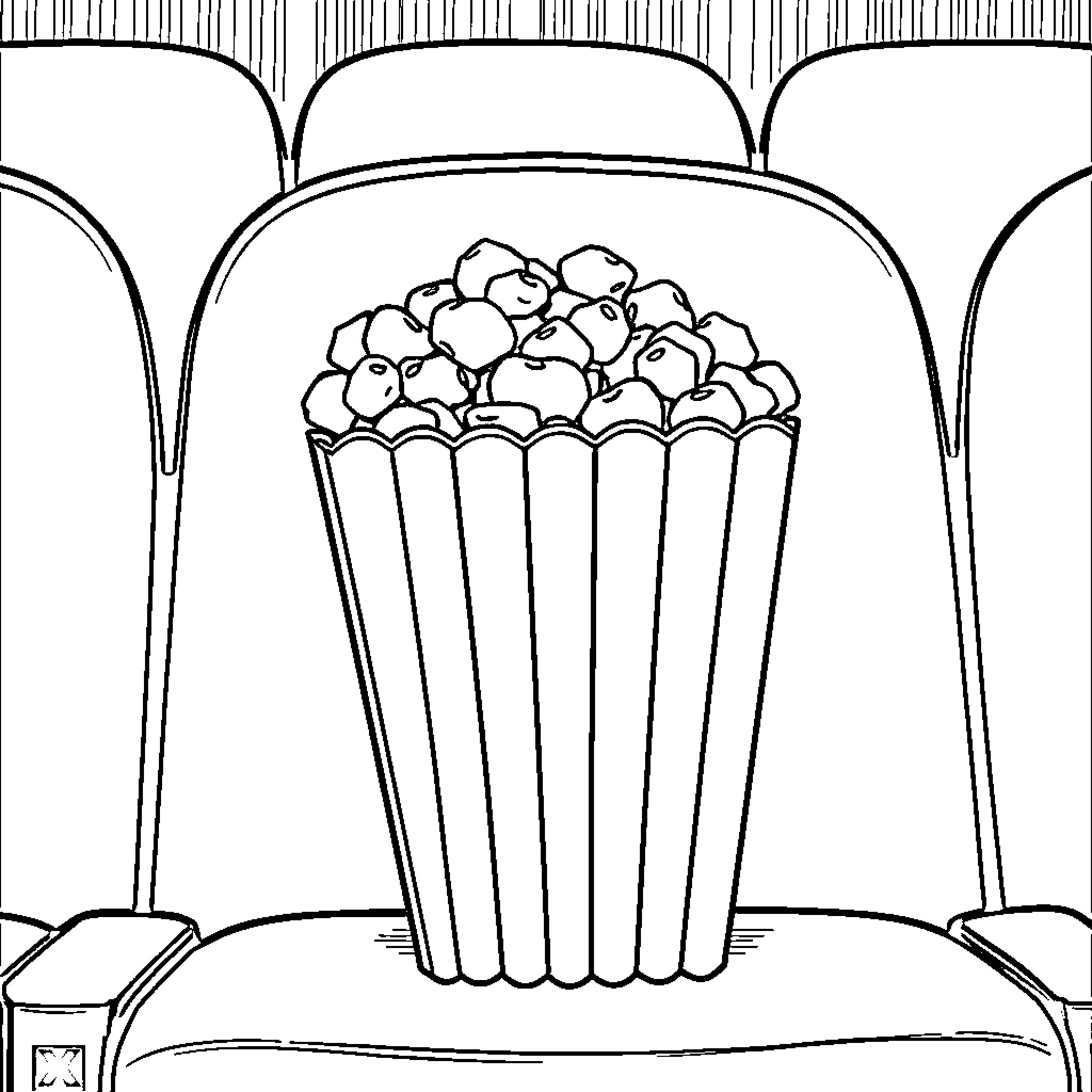 Popcorn Buckets Galore in the Theater Coloring Page (free black-and-white line drawing printable PDF for all, from beginners to advanced learners, including children, teens, adults, and seniors)