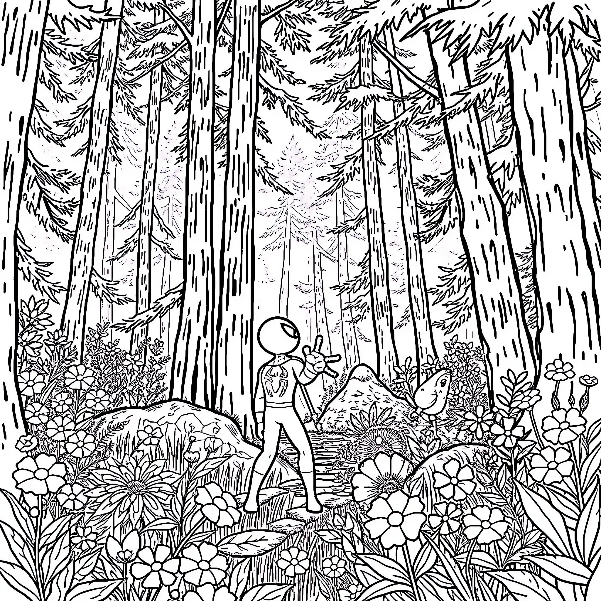 Bluey exploring the enchanted forest Coloring Page (free black-and-white line drawing printable PDF for all, from beginners to advanced learners, including children, teens, adults, and seniors)