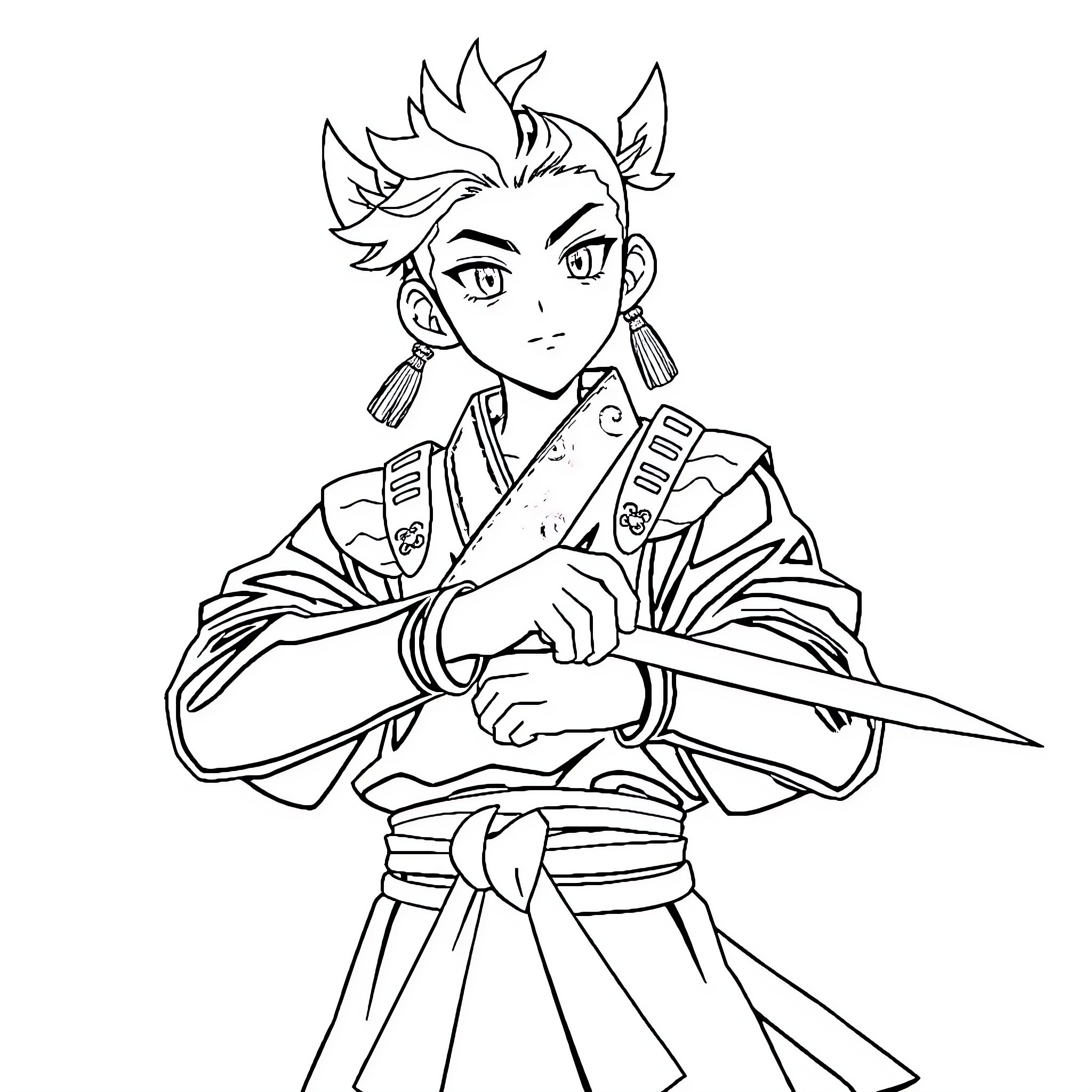 Tanjiro in Samurai Attire with Katana Coloring Page (free black-and-white line drawing printable PDF for all, from beginners to advanced learners, including children, teens, adults, and seniors)