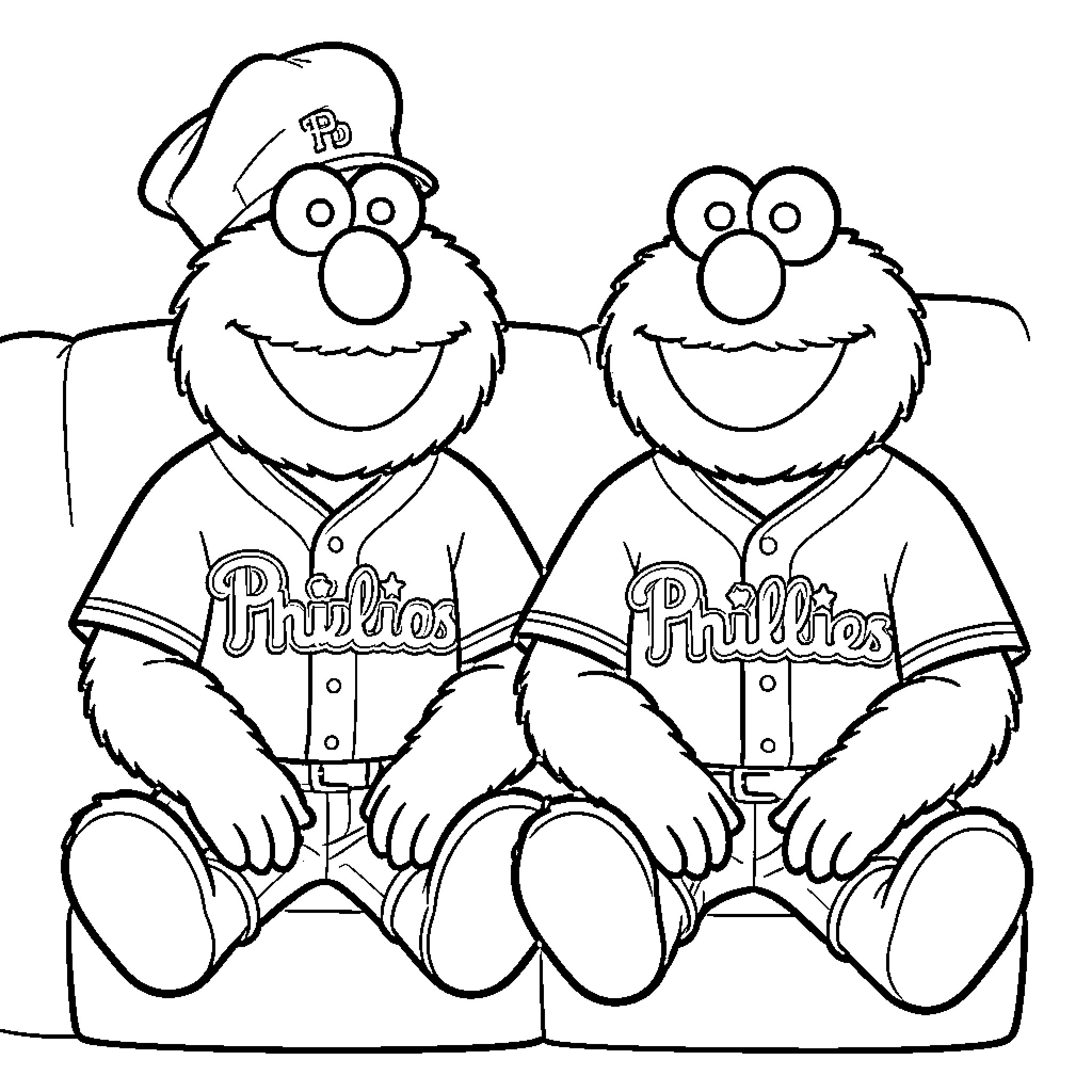 Elmo characters wearing baseball uniforms and sitting together Coloring Page (free black-and-white line drawing printable PDF for all, from beginners to advanced learners, including children, teens, adults, and seniors)
