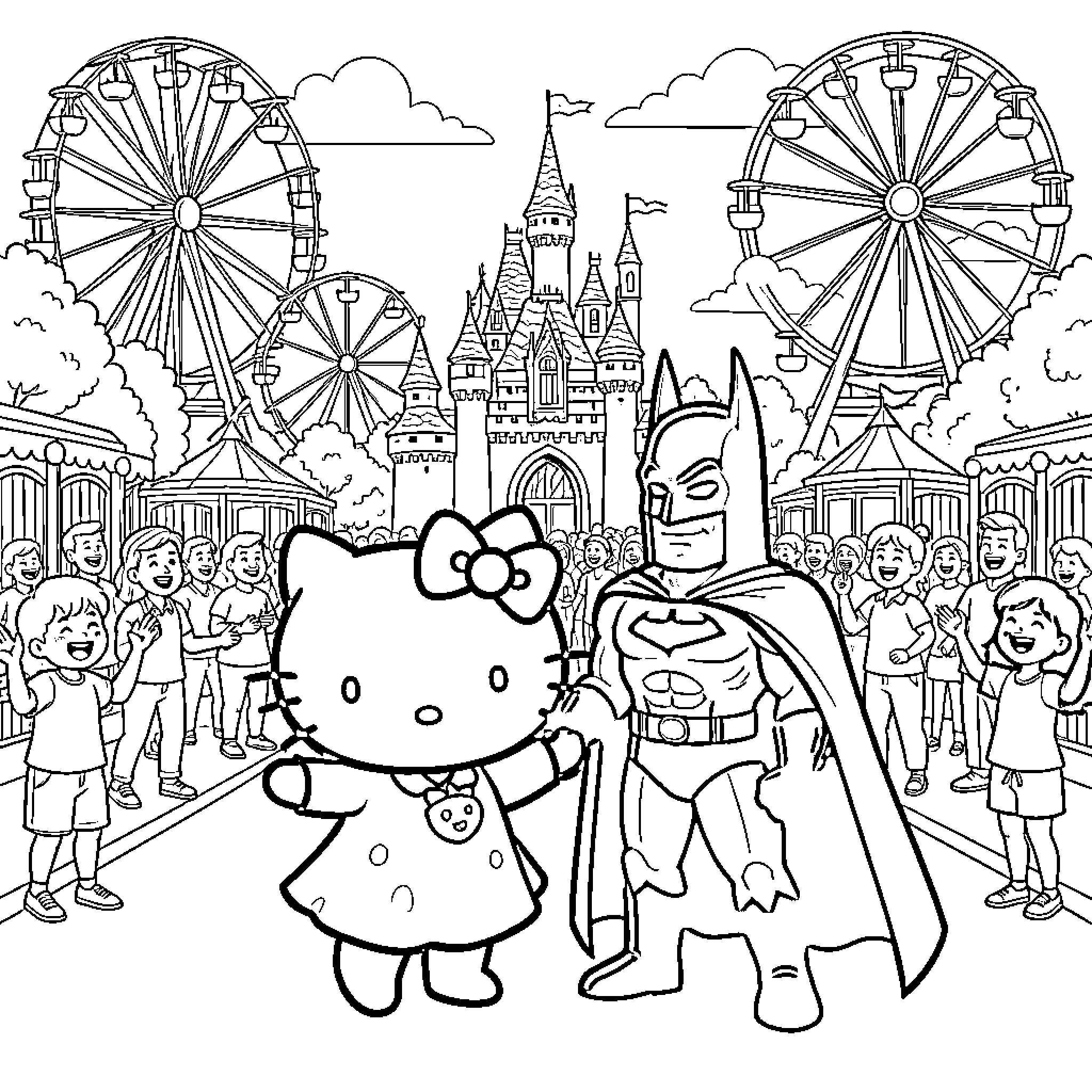 Hello Kitty and Batman explore the amusement park Coloring Page (free black-and-white line drawing printable PDF for all, from beginners to advanced learners, including children, teens, adults, and seniors)