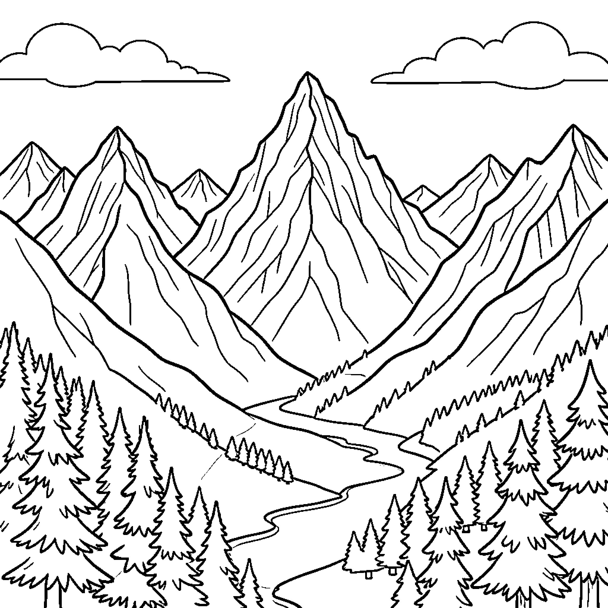 Mountain range with a winding river and pine trees Coloring Page (free black-and-white line drawing printable PDF for all, from beginners to advanced learners, including children, teens, adults, and seniors)