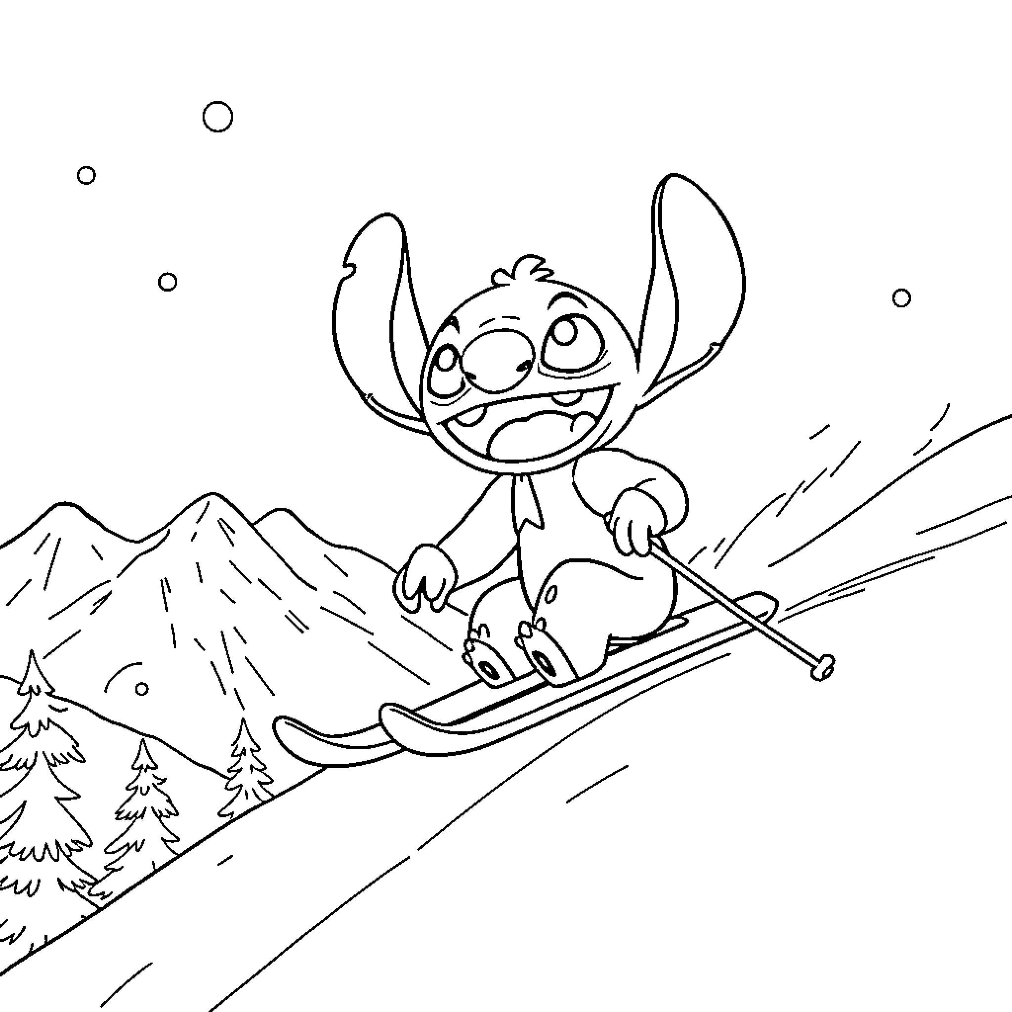 Stitch skiing down snowy slopes Coloring Page (free black-and-white line drawing printable PDF for all, from beginners to advanced learners, including children, teens, adults, and seniors)