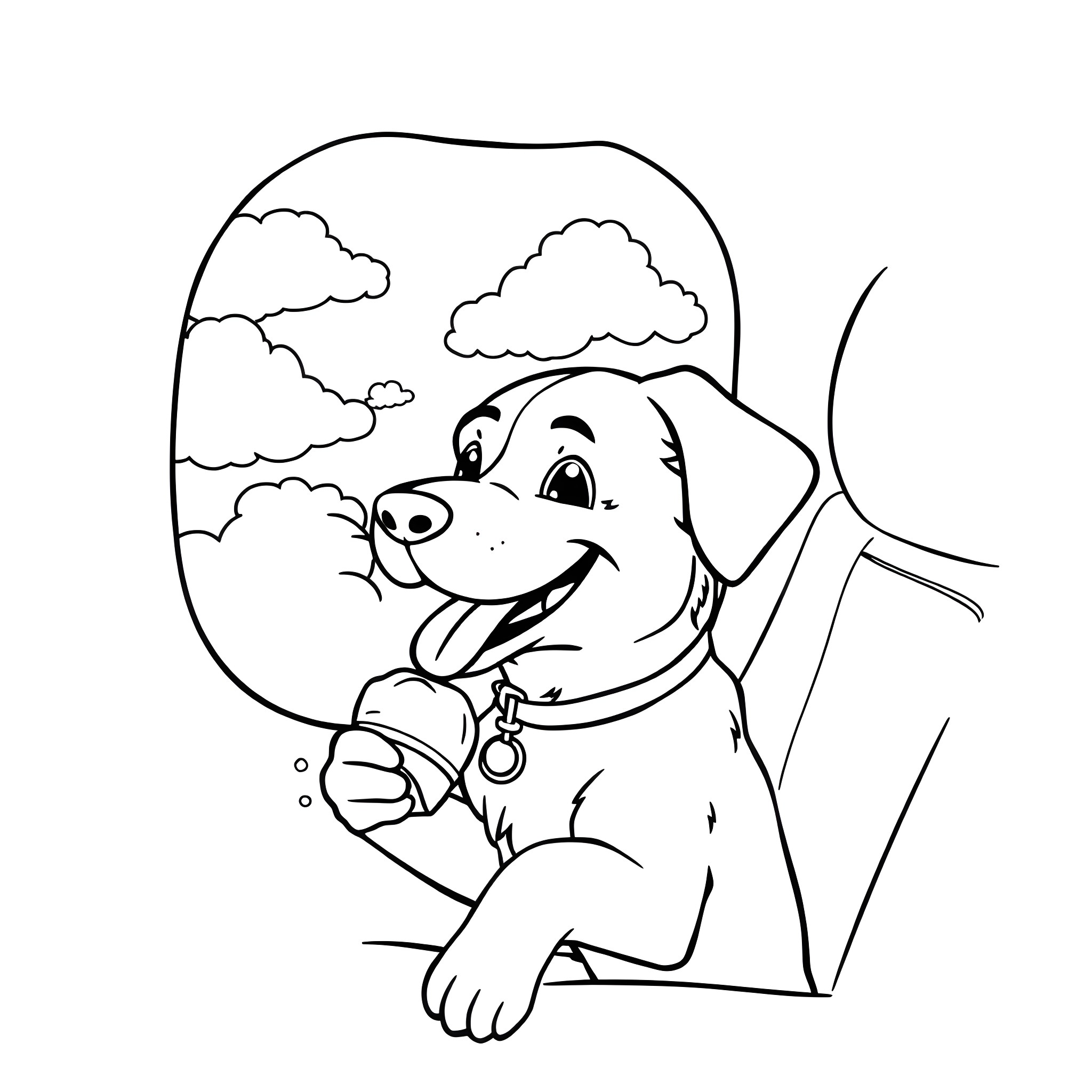 Dog looking happy in a window Coloring Page (free black-and-white line drawing printable PDF for all, from beginners to advanced learners, including children, teens, adults, and seniors)