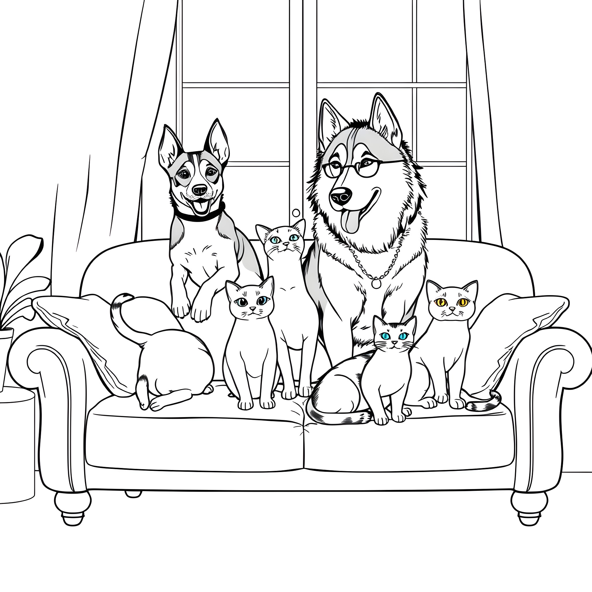Dog and cats happily seated on a couch Coloring Page (free black-and-white line drawing printable PDF for all, from beginners to advanced learners, including children, teens, adults, and seniors)