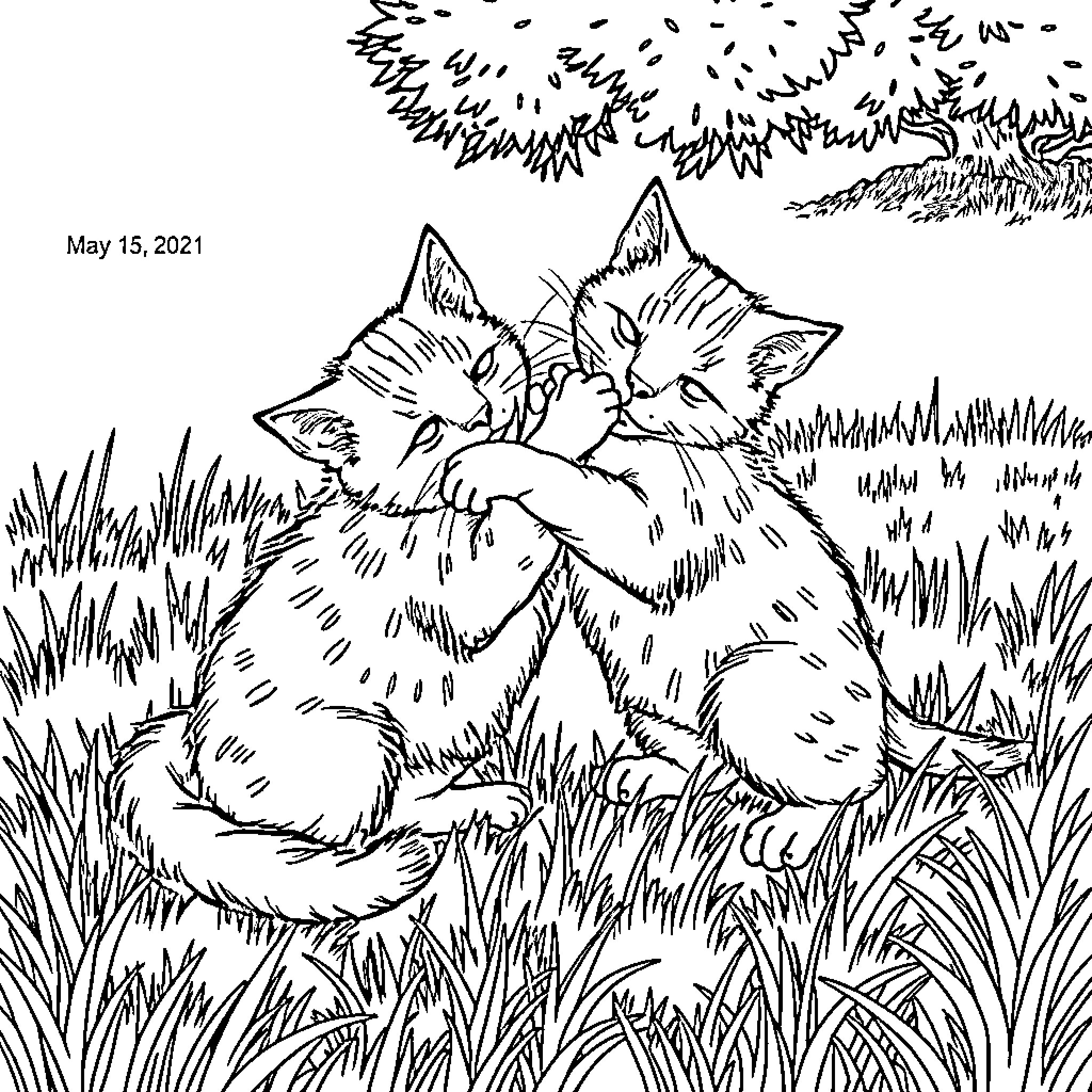 Cat companions snuggling in the grass Coloring Page (free black-and-white line drawing printable PDF for all, from beginners to advanced learners, including children, teens, adults, and seniors)
