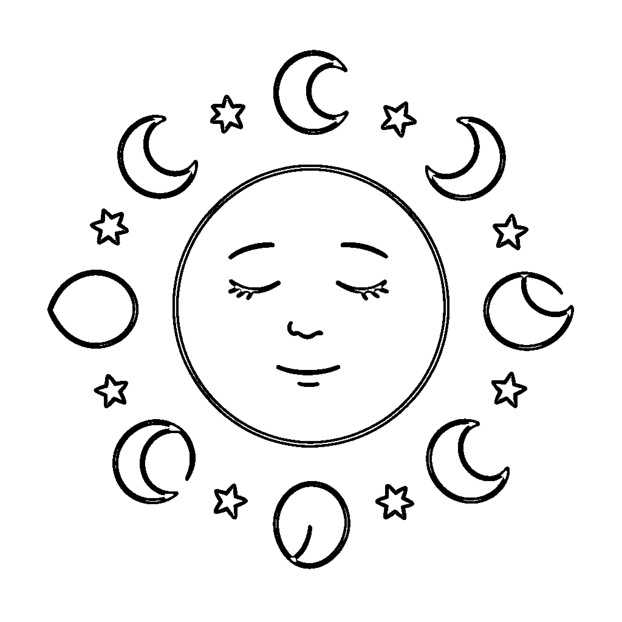Moon and stars in whimsical arrangement Coloring Page (free black-and-white line drawing printable PDF for all, from beginners to advanced learners, including children, teens, adults, and seniors)