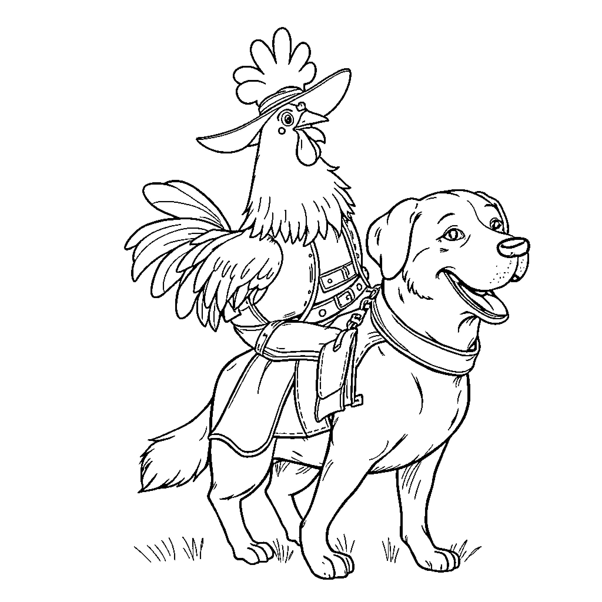 Chicken riding a happy dog in costume Coloring Page (free black-and-white line drawing printable PDF for all, from beginners to advanced learners, including children, teens, adults, and seniors)