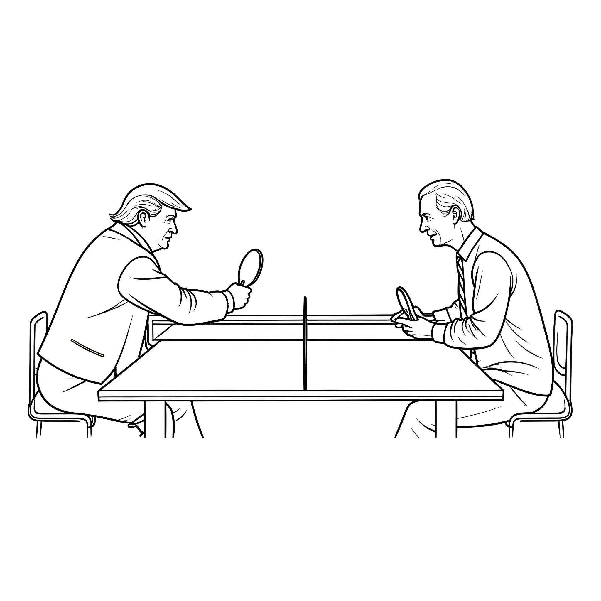 Donald Trump and an associate engaged in a serious discussion Coloring Page (free black-and-white line drawing printable PDF for all, from beginners to advanced learners, including children, teens, adults, and seniors)