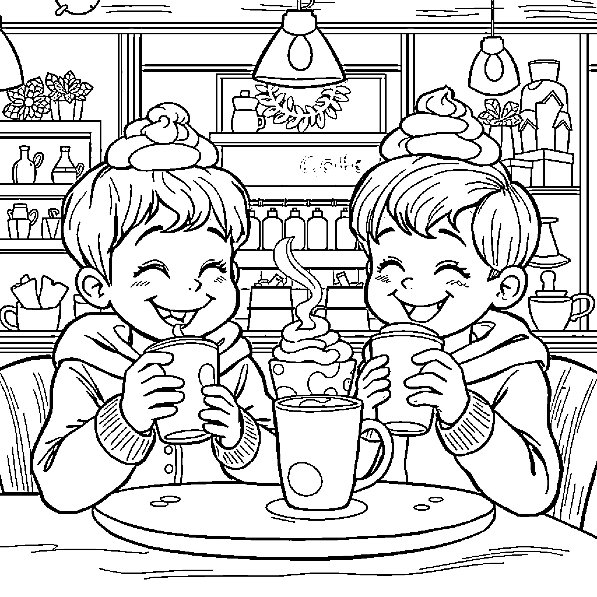 Child Enjoying Ice Cream with Friend in Cozy Diner Coloring Page (free black-and-white line drawing printable PDF for all, from beginners to advanced learners, including children, teens, adults, and seniors)