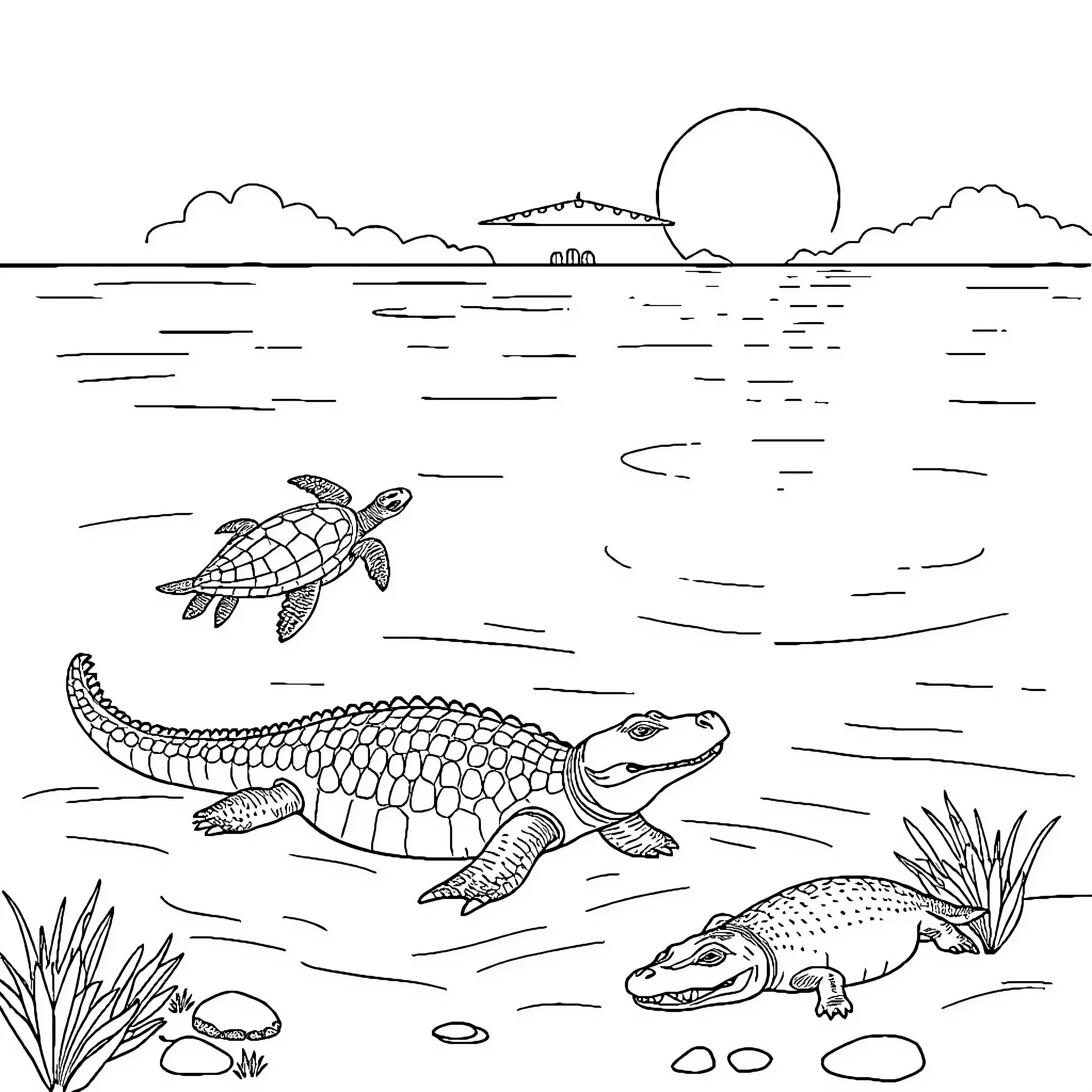 Turtles swimming peacefully in the ocean Coloring Page (free black-and-white line drawing printable PDF for all, from beginners to advanced learners, including children, teens, adults, and seniors)