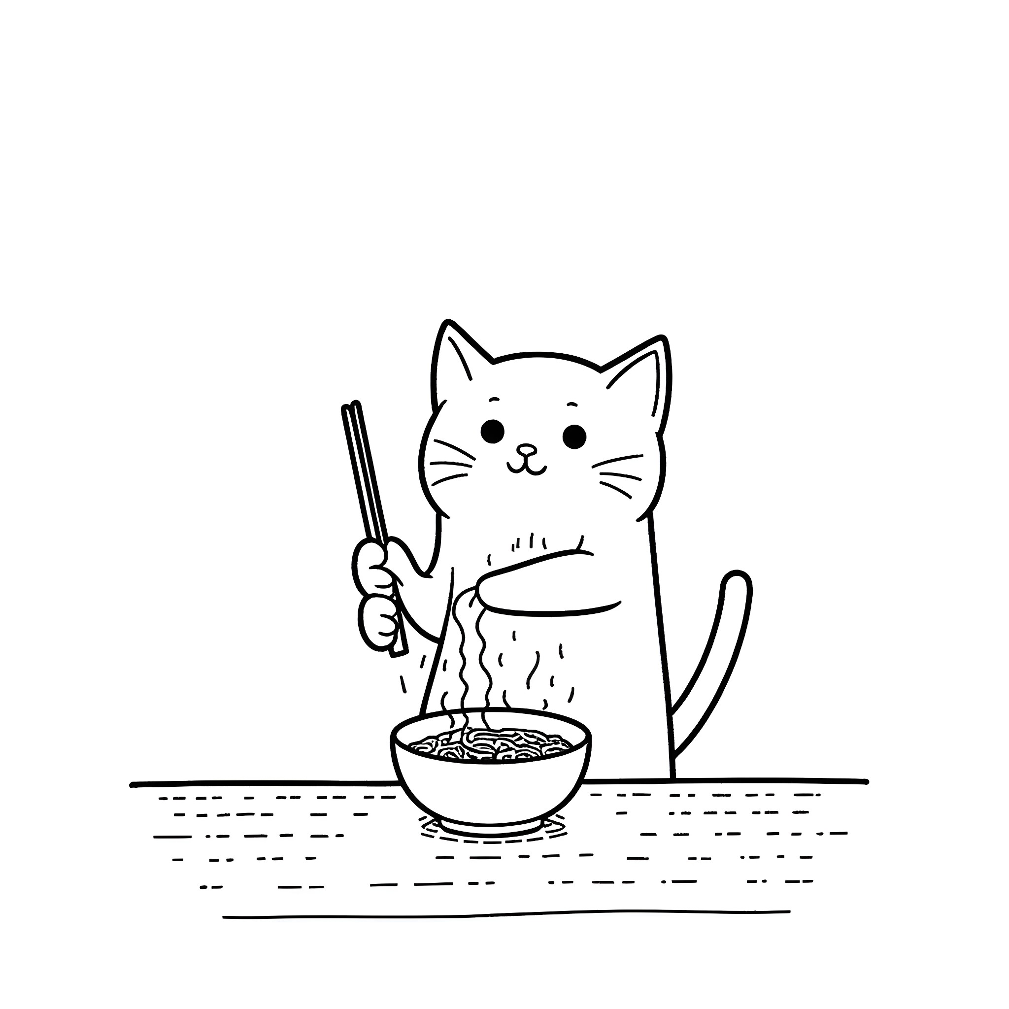 Cat enjoying a bowl of noodles Coloring Page (free black-and-white line drawing printable PDF for all, from beginners to advanced learners, including children, teens, adults, and seniors)