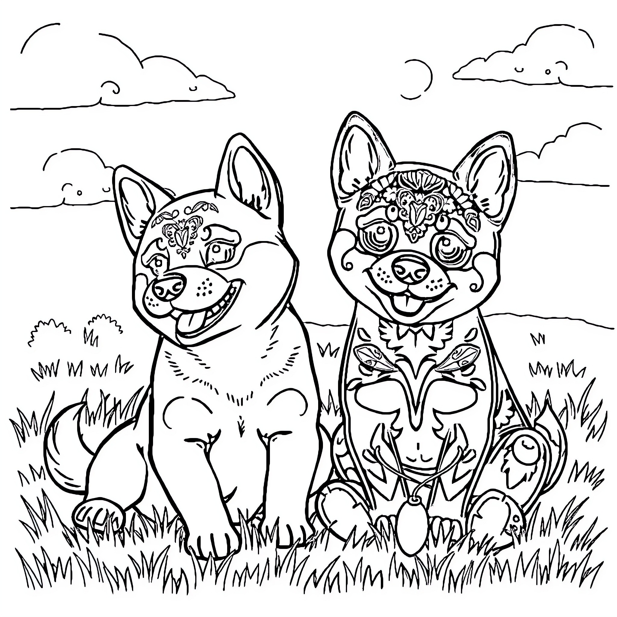 Calavera Shiba Dogs Playing in the Meadow Coloring Page (free black-and-white line drawing printable PDF for all, from beginners to advanced learners, including children, teens, adults, and seniors)