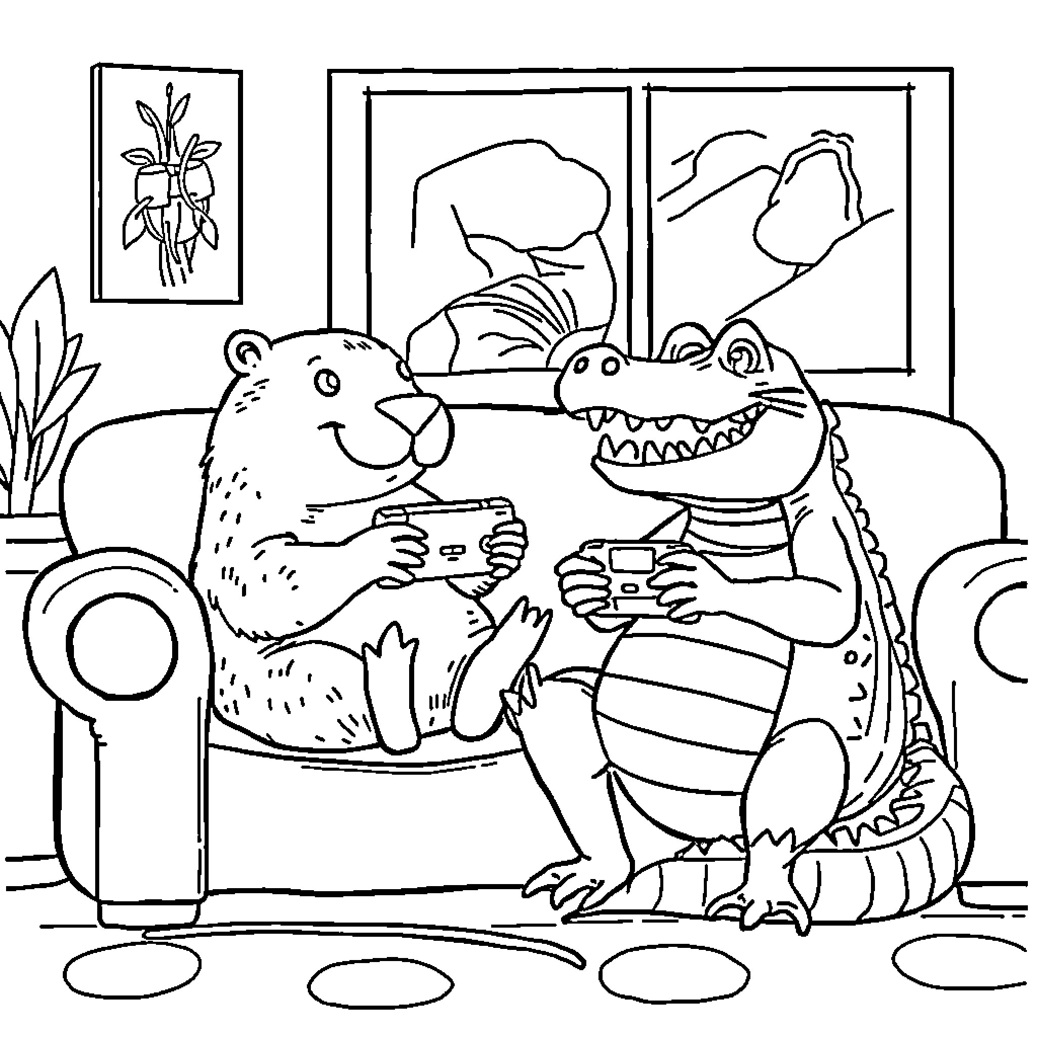Capybara and Alligator Relaxing Together Coloring Page (free black-and-white line drawing printable PDF for all, from beginners to advanced learners, including children, teens, adults, and seniors)