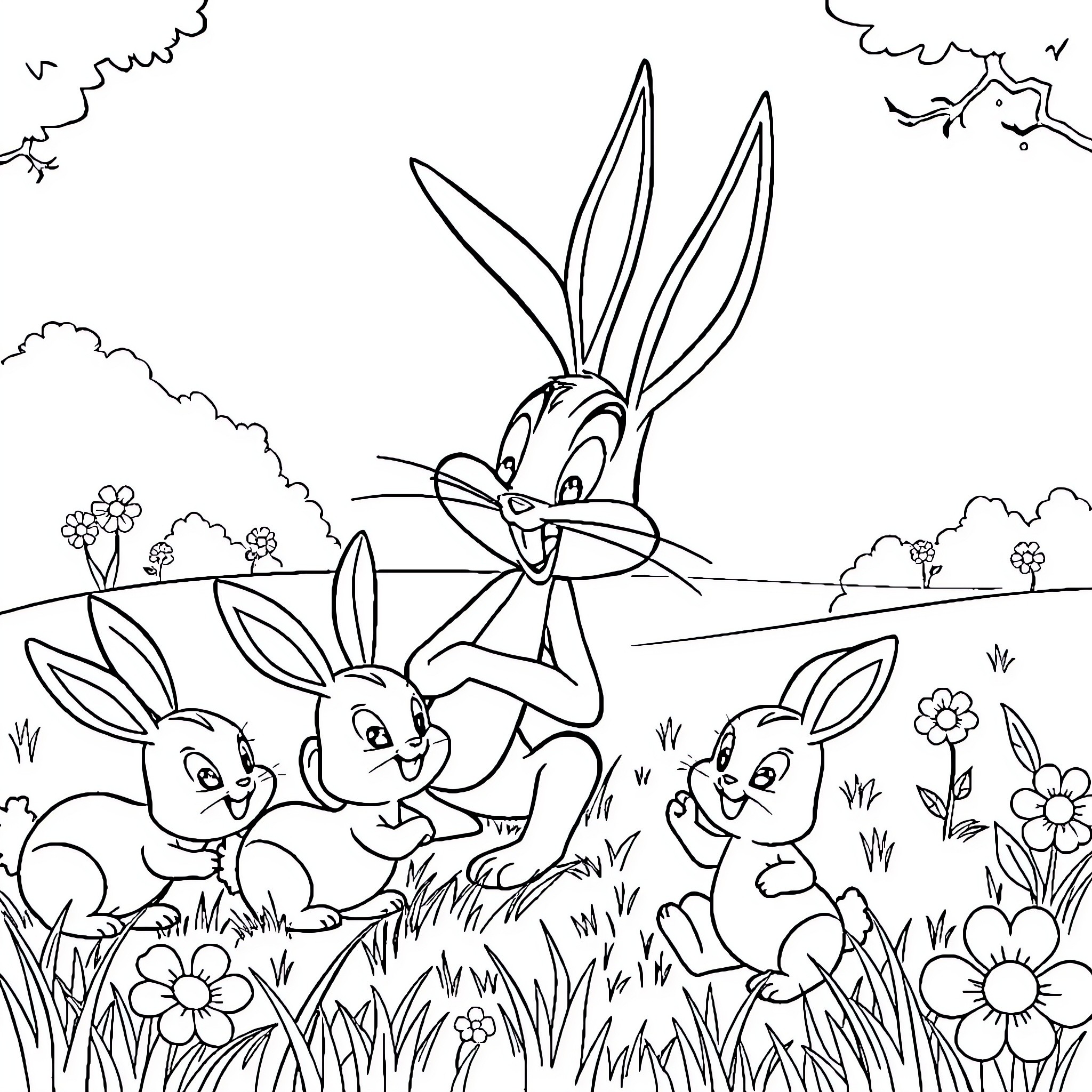 Bunny friends playing in a flowery meadow Coloring Page (free black-and-white line drawing printable PDF for all, from beginners to advanced learners, including children, teens, adults, and seniors)