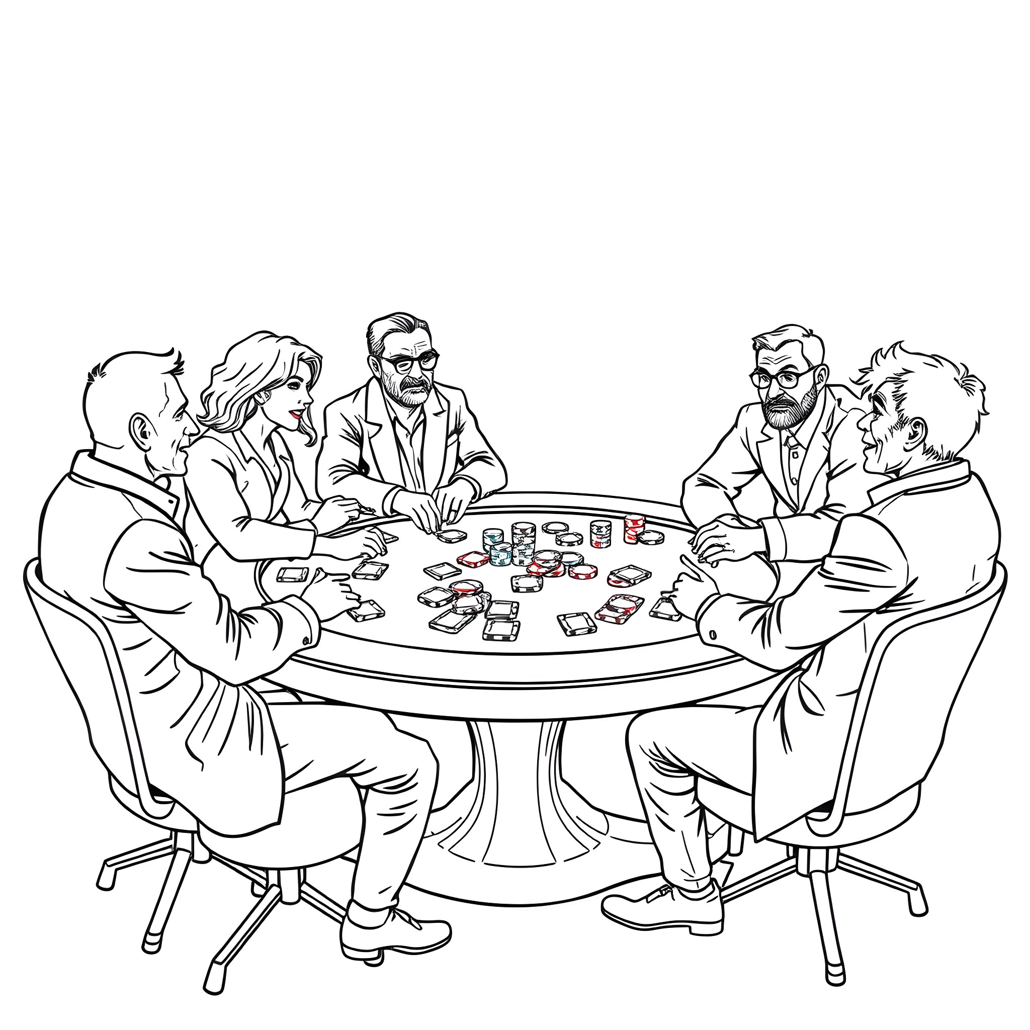 Poker game among business professionals Coloring Page (free black-and-white line drawing printable PDF for all, from beginners to advanced learners, including children, teens, adults, and seniors)
