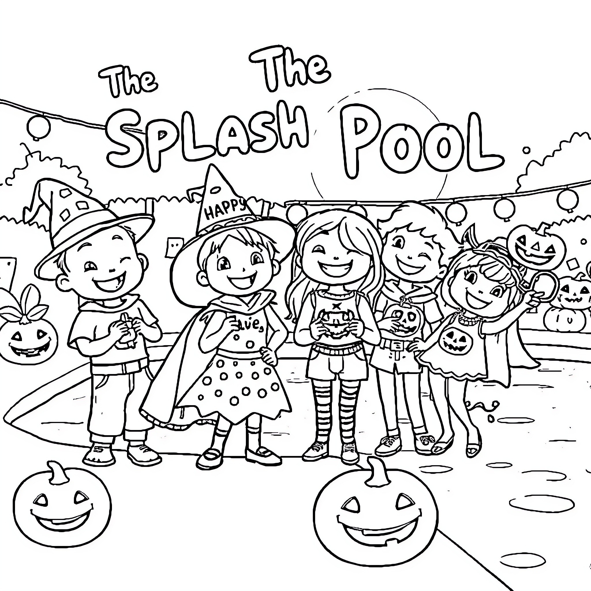 Bluey and friends enjoying a day at the splash pool Coloring Page (free black-and-white line drawing printable PDF for all, from beginners to advanced learners, including children, teens, adults, and seniors)