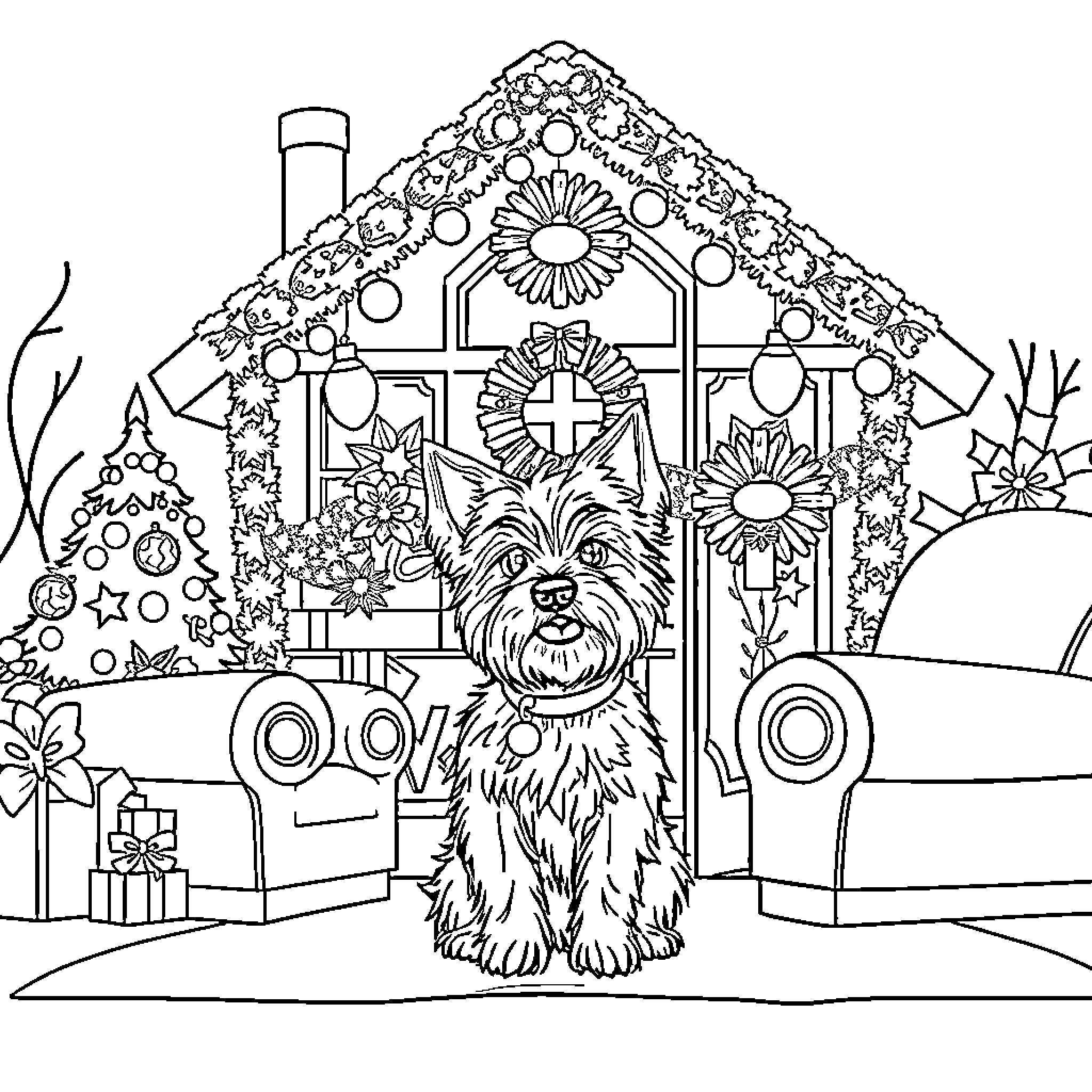 Yorkshire Dog in Front of Decorated Cottage Coloring Page (free black-and-white line drawing printable PDF for all, from beginners to advanced learners, including children, teens, adults, and seniors)