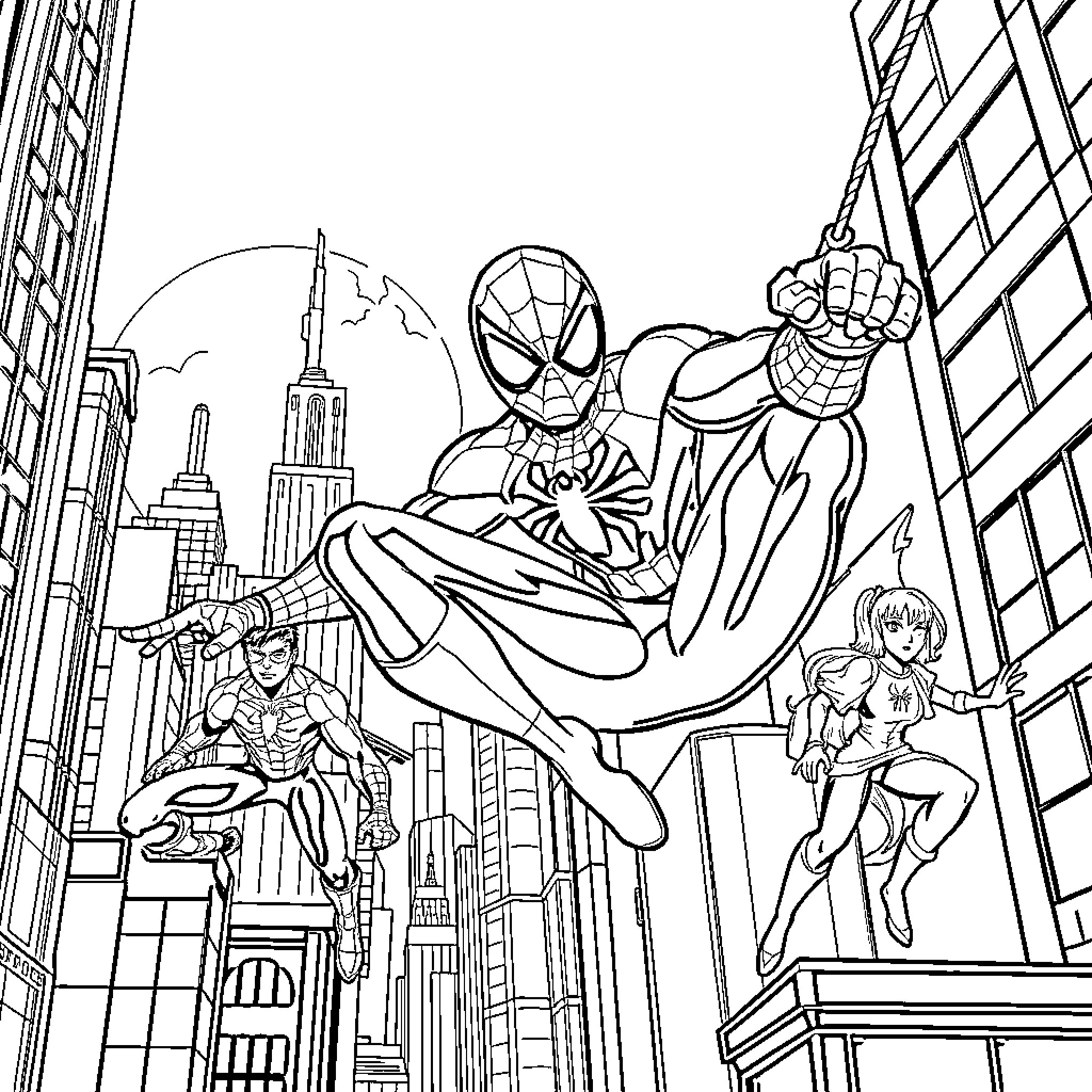 Spider-Man swinging through the city skyline Coloring Page (free black-and-white line drawing printable PDF for all, from beginners to advanced learners, including children, teens, adults, and seniors)