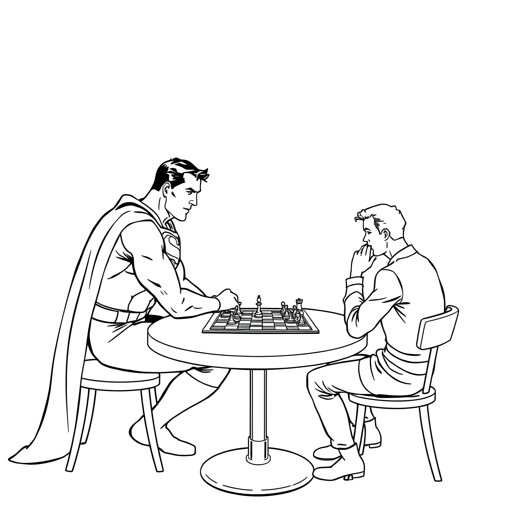 Superman playing chess with a civilian Coloring Page (free black-and-white line drawing printable PDF for all, from beginners to advanced learners, including children, teens, adults, and seniors)