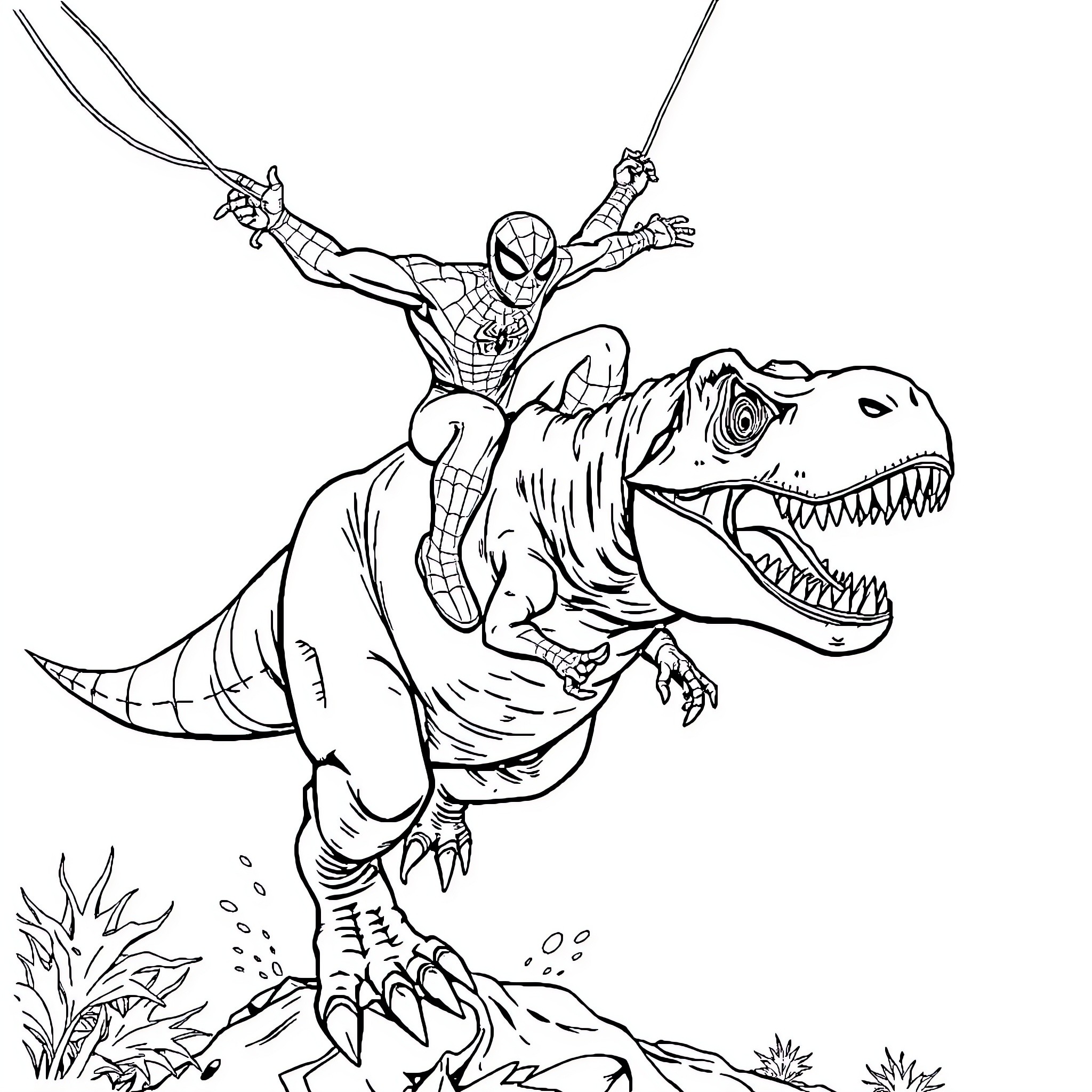 Spider-Man swinging on weblines over a roaring dinosaur Coloring Page (free black-and-white line drawing printable PDF for all, from beginners to advanced learners, including children, teens, adults, and seniors)