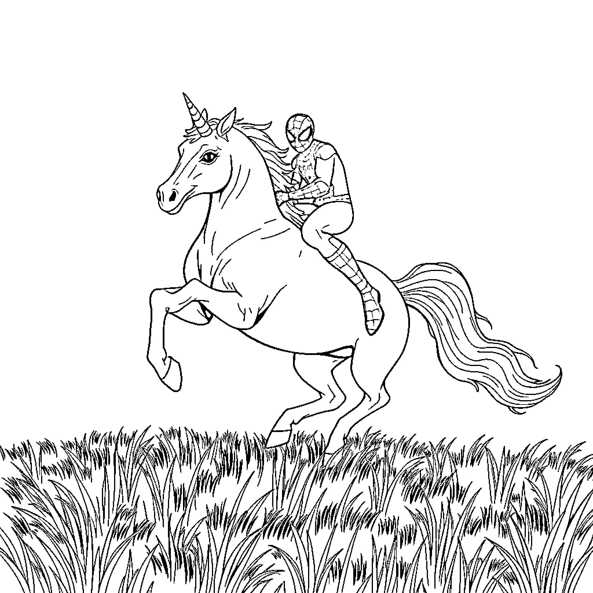 Spiderman rides a magical unicorn through the meadow Coloring Page (free black-and-white line drawing printable PDF for all, from beginners to advanced learners, including children, teens, adults, and seniors)