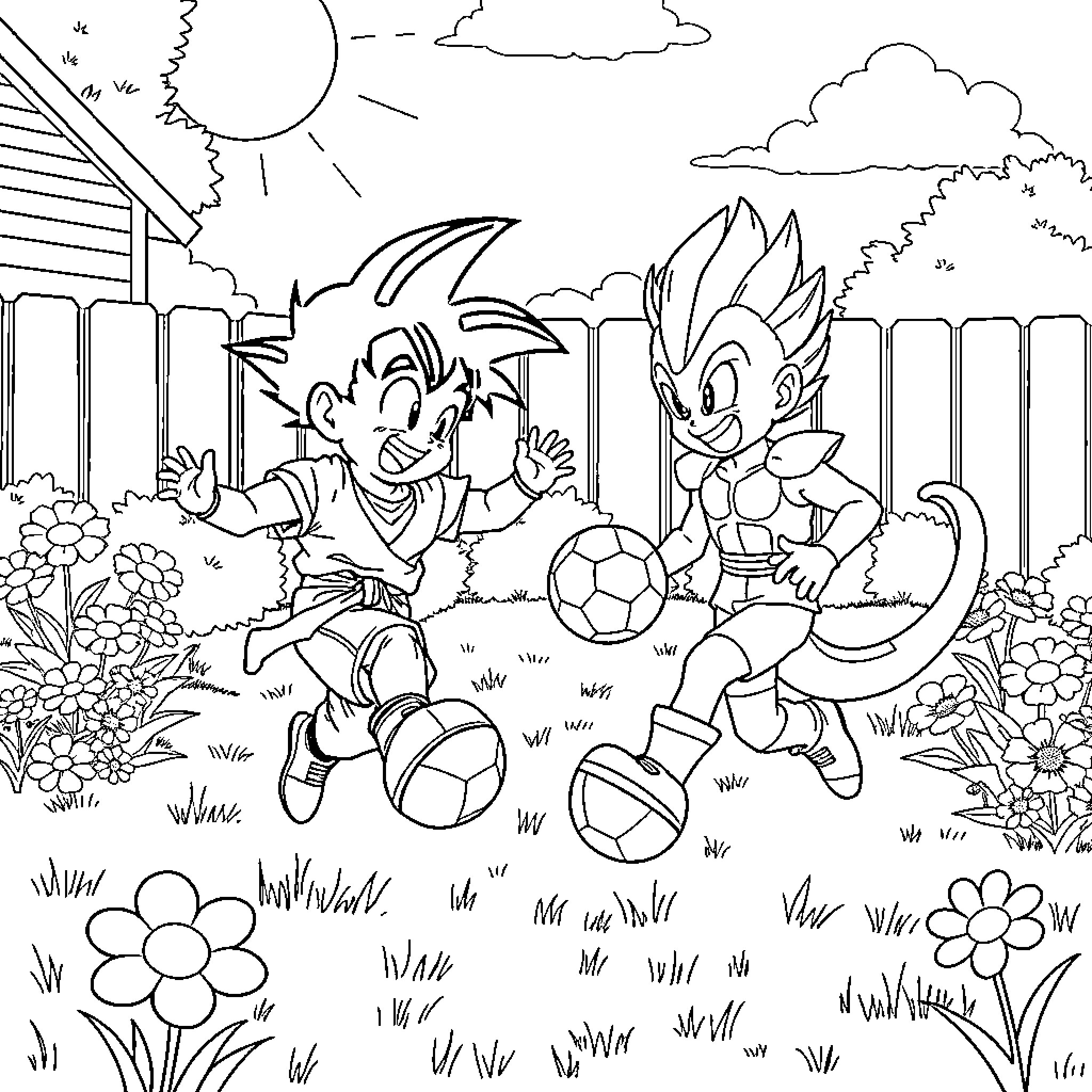 Dragon Ball Z: Goku and Vegeta Playing Soccer Coloring Page (free black-and-white line drawing printable PDF for all, from beginners to advanced learners, including children, teens, adults, and seniors)