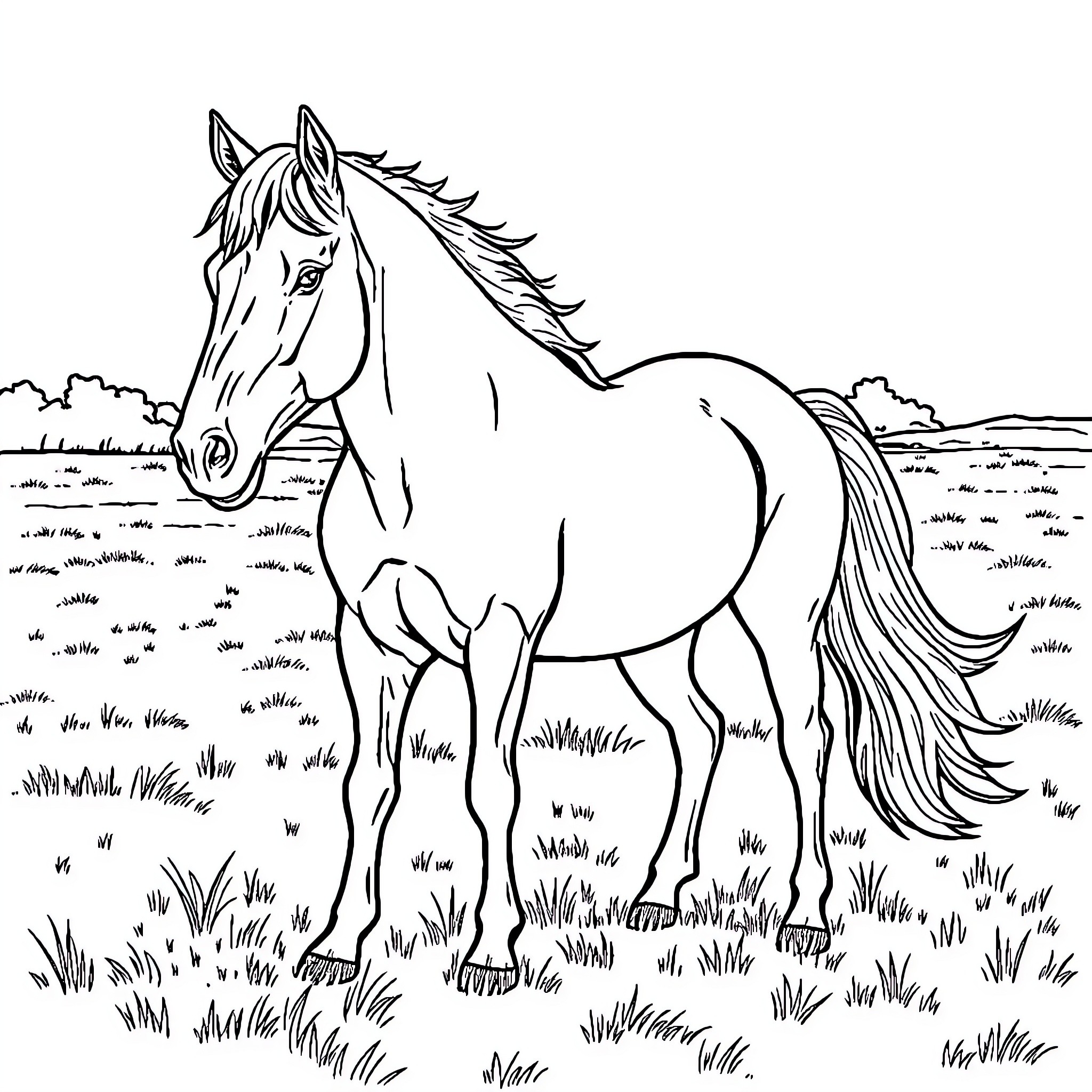 Horse standing majestically in a grassy field Coloring Page (free black-and-white line drawing printable PDF for all, from beginners to advanced learners, including children, teens, adults, and seniors)