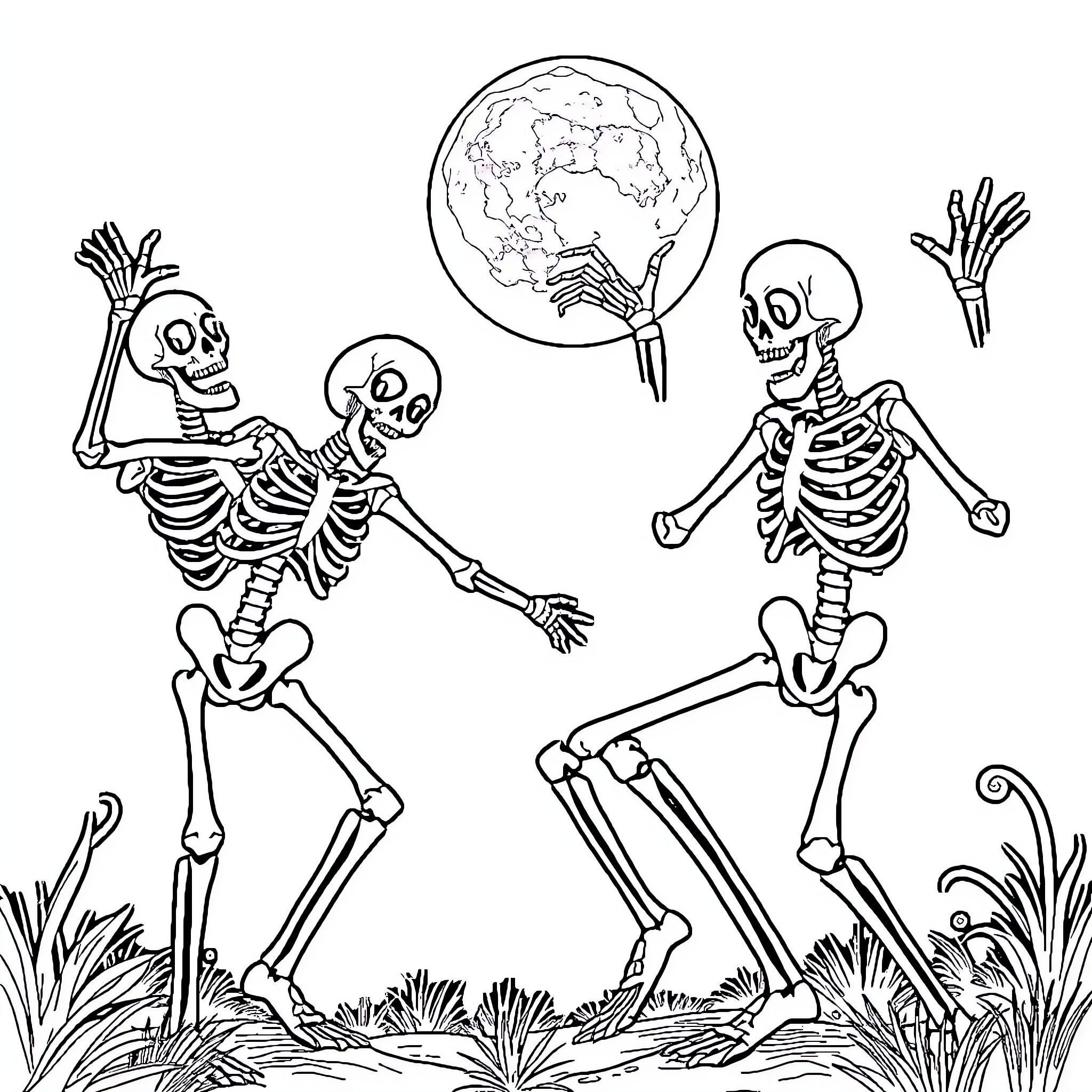 Skeleton Figures Frolicking in Whimsical Landscape Coloring Page (free black-and-white line drawing printable PDF for all, from beginners to advanced learners, including children, teens, adults, and seniors)