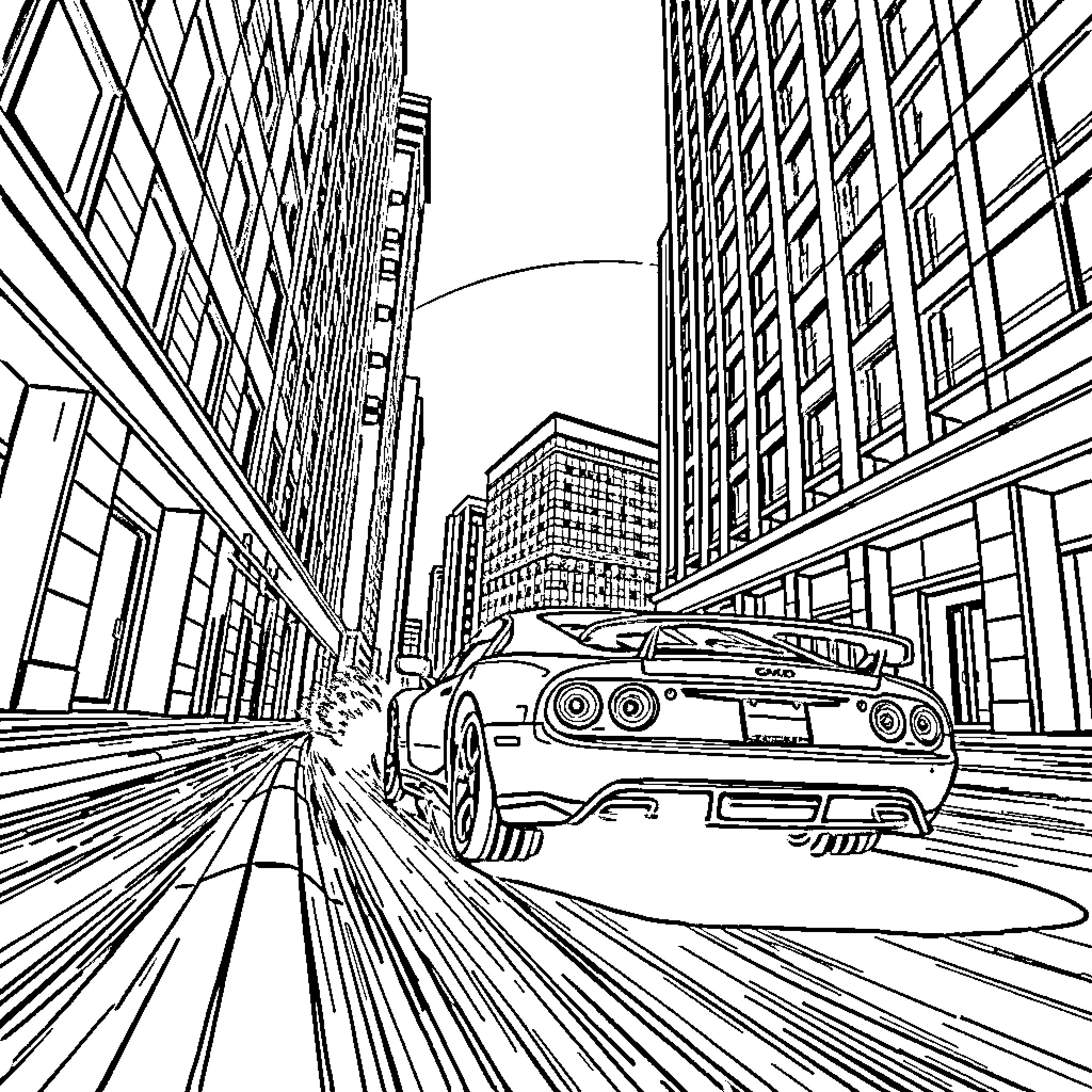 Car speeding through urban cityscape Coloring Page (free black-and-white line drawing printable PDF for all, from beginners to advanced learners, including children, teens, adults, and seniors)