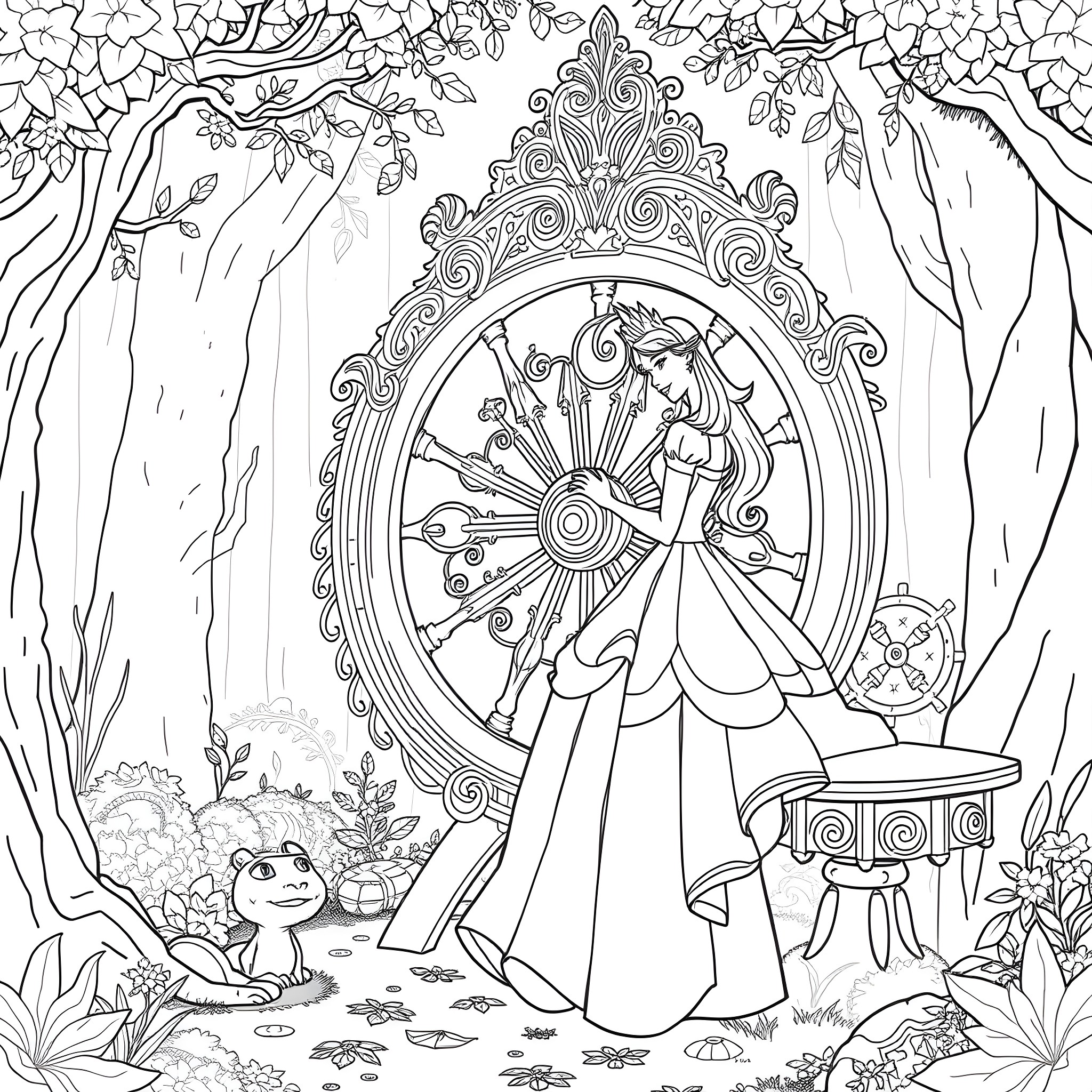 Aurora's Enchanting Forest Adventure Coloring Page (free black-and-white line drawing printable PDF for all, from beginners to advanced learners, including children, teens, adults, and seniors)